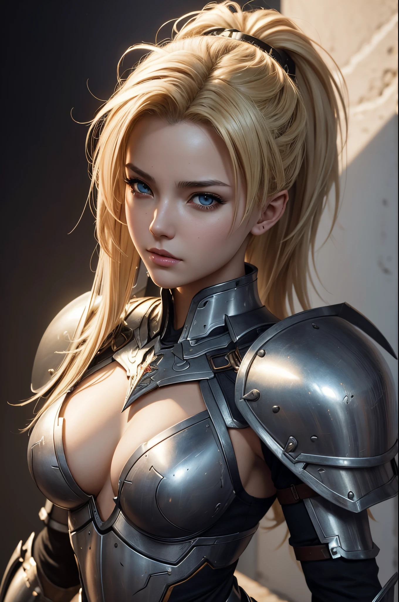 8K,A holy knight girl with blonde mohawk hair wearing a destroyed chest armor., artgerm julie bell beeple, Portrait of a girl holy knight with very small breasts, Portrait of a girl paladin, Alexandra Fomina Artstation, artgerm portrait, artgerm and wlop, ArtGerm ; 3d unreal engine, wlop and ArtGerm, ig model | ArtGerm, gorgeous girl paladin,超A high resolution,super realistic skin,tiny chest,enticing,Destroyed chest armor,exposed small breasts,
