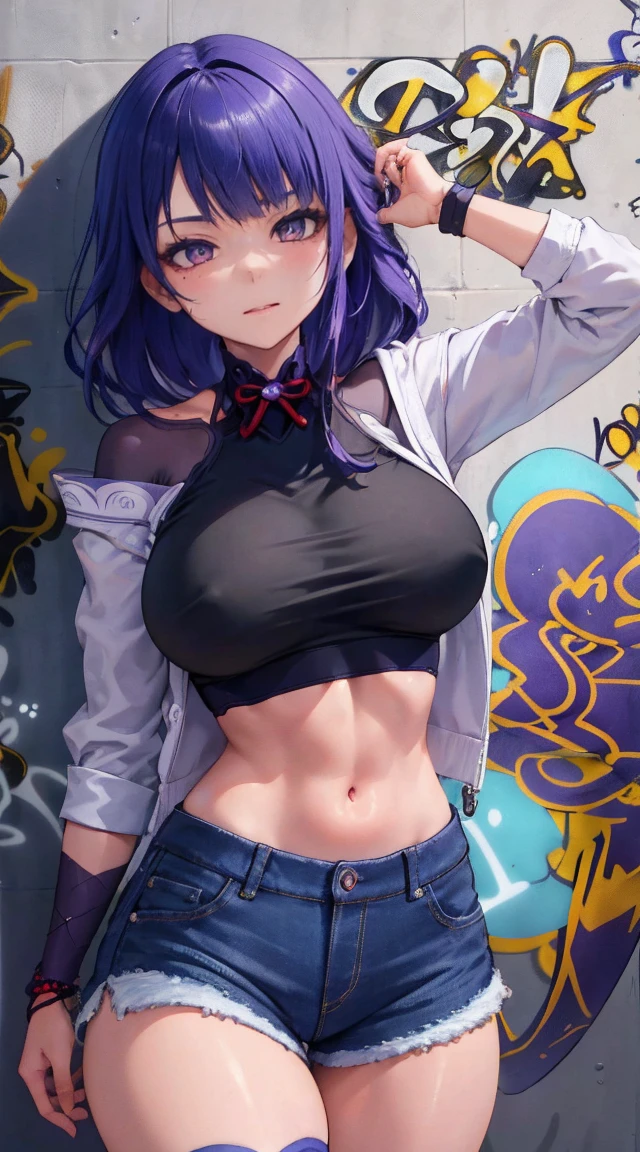 Raiden Shogun Genshin Effects Effects, master-piece, bestquality, 1girls, bara, crop top, Long Jean Jan Shirt, shorts jeans, choker, (Graffiti:1.5), color splashes, arm behind back, against wall, looking at the audience, bracelet, Thigh strap, Head tilt, bored, multicolored hair, water eyes, headset, sexy, pretty