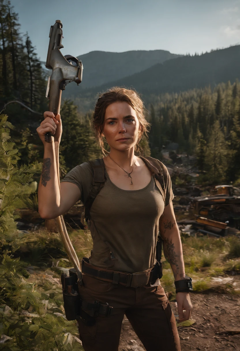A selfie of me wearing safety goggles and holding a blowtorch, surrounded by metal scraps and tools.,The Last of Us Part II,Ellie Williams is a white girl with a few freckles, with a medium hairstyle, brown hair. She wears practical and utilitarian clothing that reflects the harsh and post-apocalyptic world. Wearing converse is a must. She has visible scars (one across her right eyebrow) and a tattoo wraps almost completely her right forearm covering her bite mark scar. Her build is slim and athletic. Her facial expression include a determined and sometimes intense expression. Her eyes convey a sense of resilience and determination.