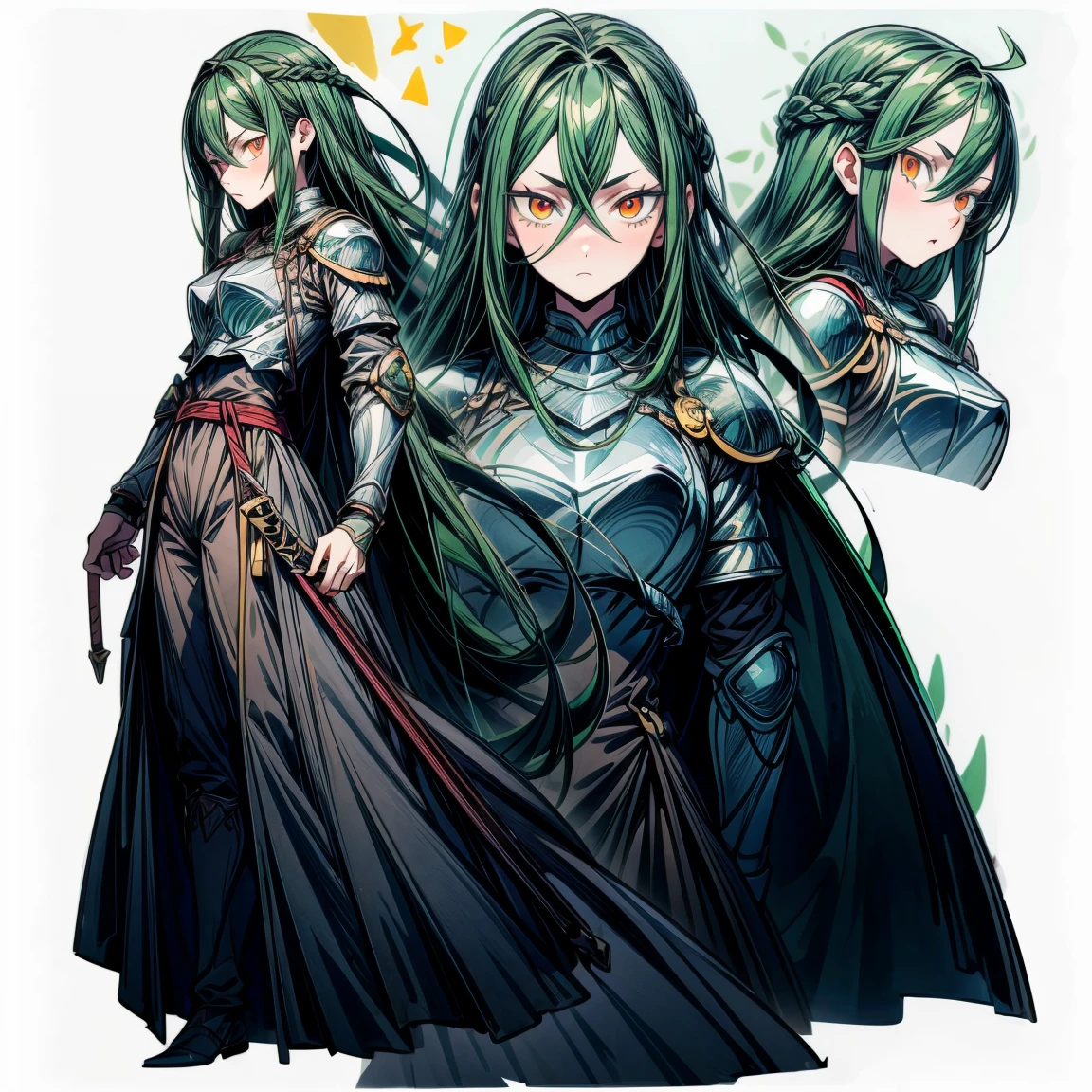 beautiful, masterpiece, best quality, extremely detailed face, perfect lighting, long hair, green hair, hair between eyes, bangs, very long hair, orange eyes, knight armor, holing sword, (CharacterSheet:1), (multiple views, full body, upper body, reference sheet:1), back view, front view, (white background, simple background:1.2), large breasts, fight pose