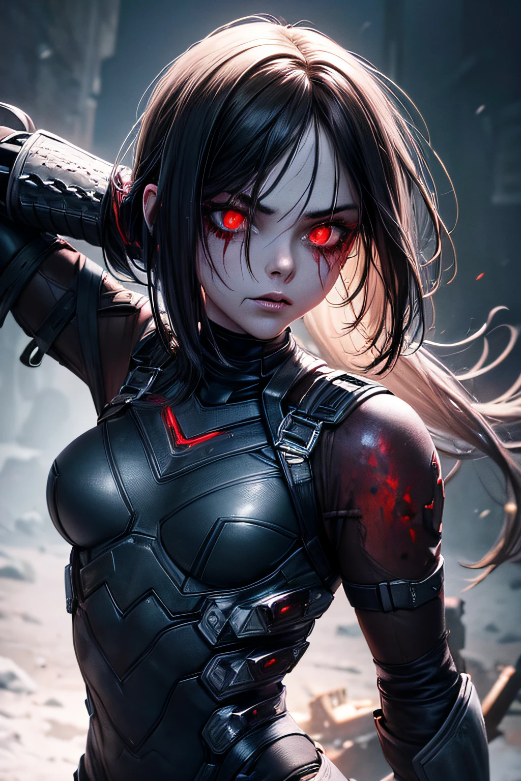 dead rotting evil zombie girl, demonic comic accurate winter soldier costume, Bucky Barnes, metalic left arm, robotic left arm, metalic face cover, black make up, torn costume, sexi, revealing, bloody, psychotic, dark, glowing eyes, evil, combat stance, highly detailed, vibrant appearance, creative behavior, imaginative, sensual, spontaneous, small breasts, sexi, highest quality, skin texture, intricate details, (cinematic lighting), RAW photo, 8k, masterpiece,best quality,ultra-detailed,very detailed illustrations,extremely detailed,intricate details,highres,super complex details,extremely detailed 8k cg wallpaper,