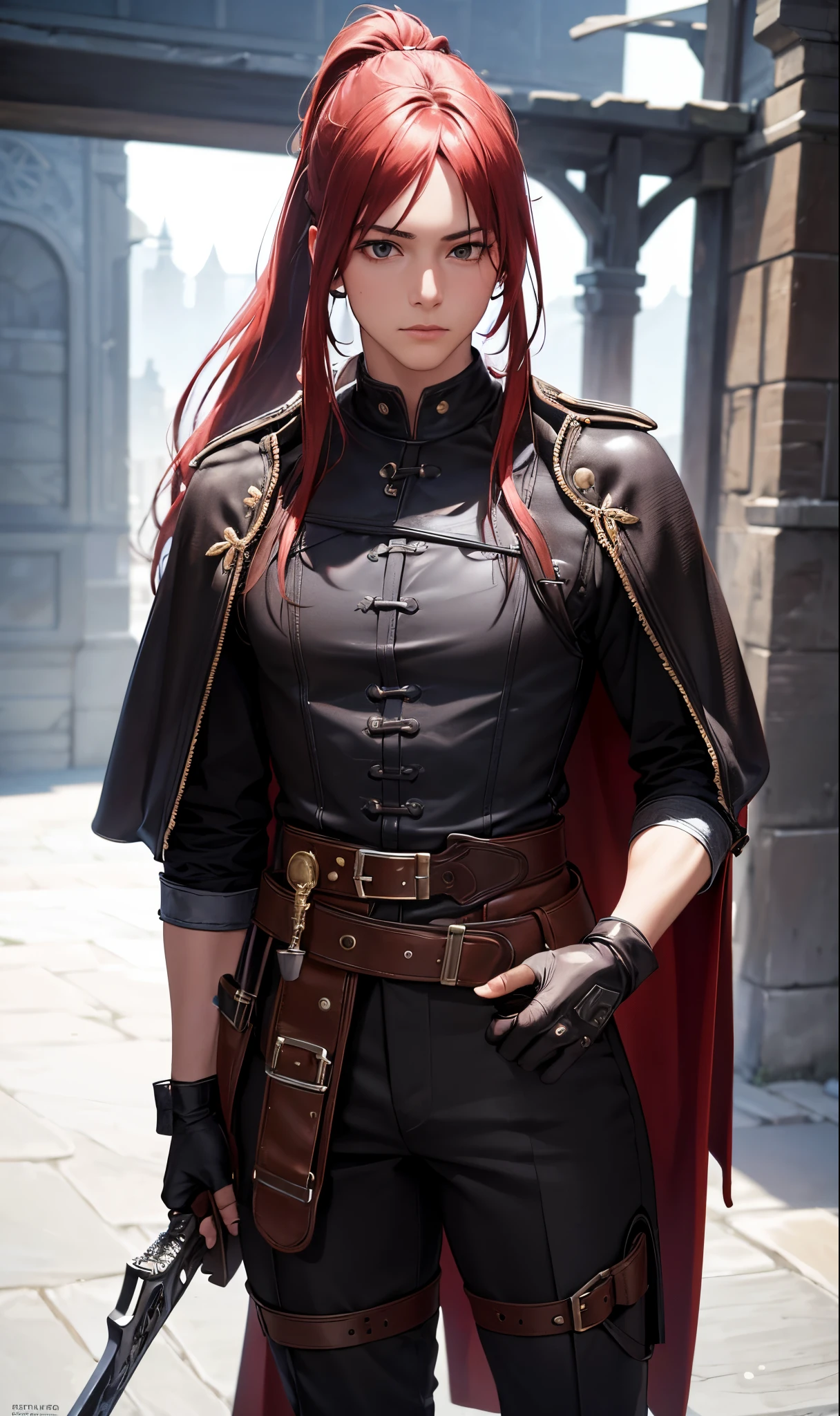 (best quality,4k,8k,highres,masterpiece:1.2),ultra-detailed,(realistic,photorealistic,photo-realistic:1.37),lonely, long-haired, looking at the displayed, peeping audience, red-eyed, gloves, 1 boy, failure, full-bodied, ponytail, weapon, white-haired, male focus, red-haired, colorful-haired, boots, black gloves, belt, pants, sword, fingerless gloves, cloak, failed weapon, brown shoes, black pants, lace-up shoes, gun cavalry