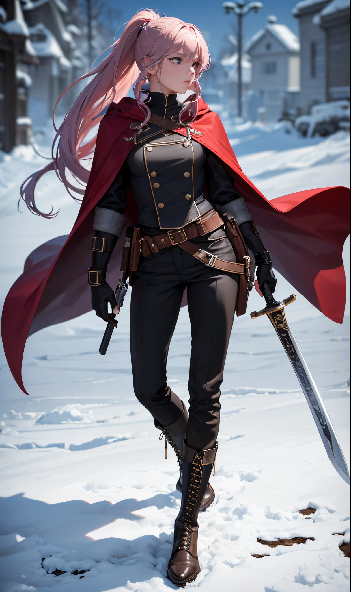 (best quality,4k,8k,highres,masterpiece:1.2),ultra-detailed,(realistic,photorealistic,photo-realistic:1.37),lonely, long-haired, looking at the displayed, peeping audience, red-eyed, gloves, 1 boy, failure, full-bodied, ponytail, weapon, white-haired, male focus, red-haired, colorful-haired, boots, black gloves, belt, pants, sword, fingerless gloves, cloak, failed weapon, brown shoes, black pants, lace-up shoes, gun cavalry