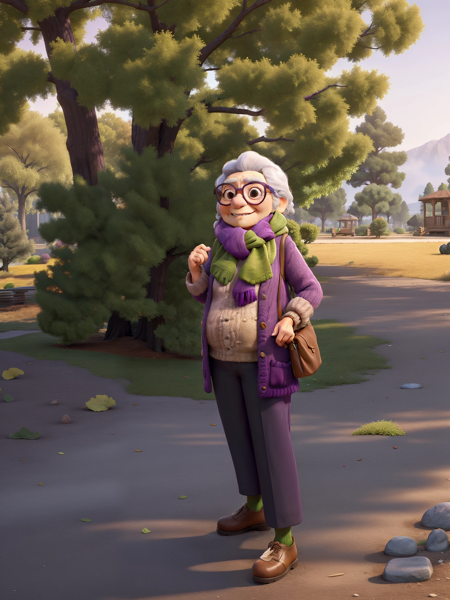masterpiece, best quality, an old woman with glasses and a scarf on, wearing a purple coat and green scarf, standing at the park