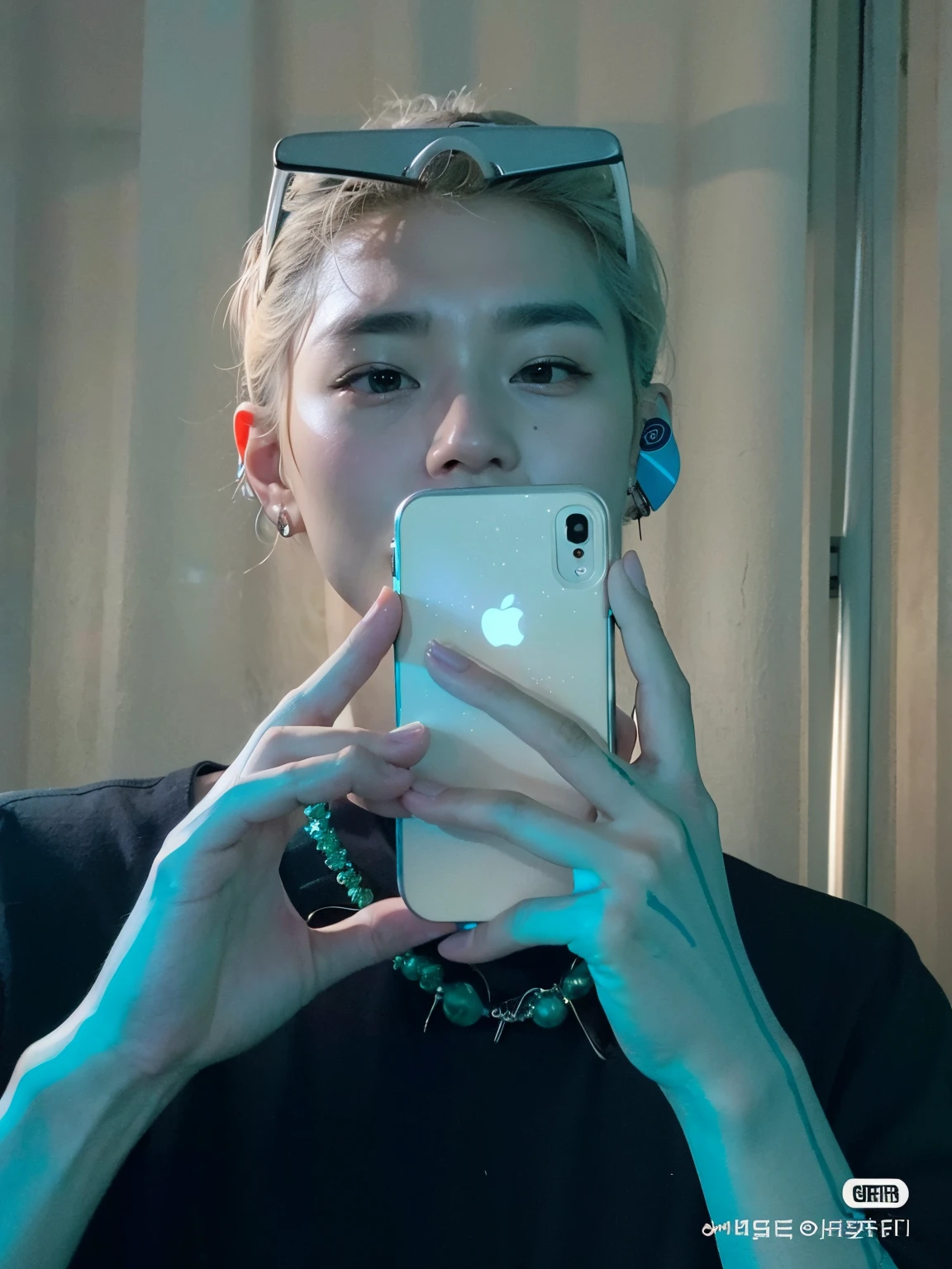there is a man that is taking a selfie with his cell phone, Cai Xukun, Hyung Tae, Taejune Kim, Jung Jaehyun, Inspired by Jeonseok Lee, inspired by Yanjun Cheng, Hong June Hyung, album artwork, Yanjun Chengt, looking at his phone, inspired by Bian Shoumin, Aesthetic shooting, Taehyung mangeant des frites Gucci, alternate album cover