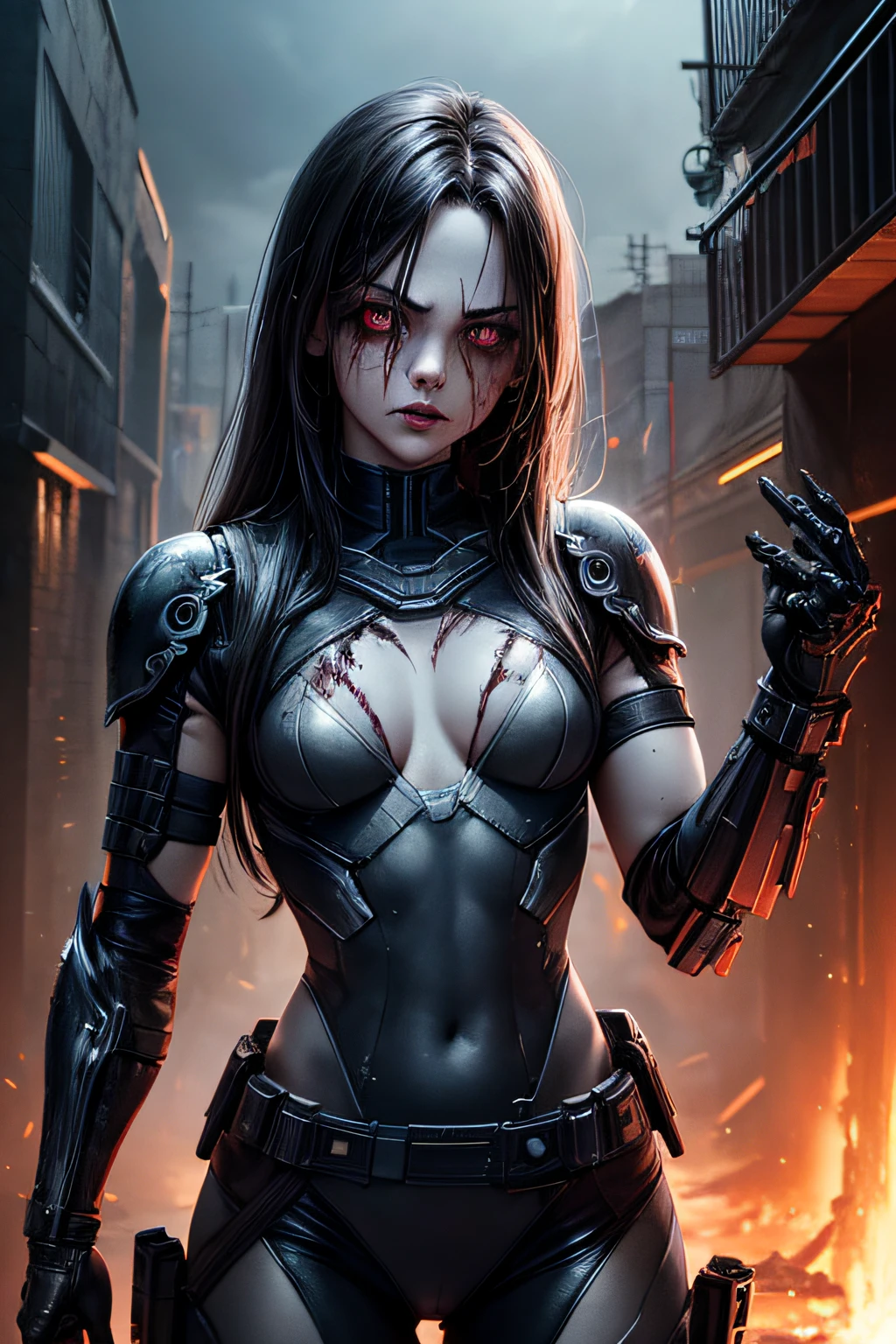 dead rotting evil zombie girl, demonic comic accurate winter soldier costume, Bucky Barnes, metalic left arm, robotic left arm, metalic face plate cover, black make up, torn costume, sexi, revealing, bloody, psychotic, dark, glowing eyes, evil, combat stance, highly detailed, vibrant appearance, creative behavior, imaginative, sensual, spontaneous, small breasts, sexi, highest quality, skin texture, intricate details, (cinematic lighting), RAW photo, 8k, masterpiece,best quality,ultra-detailed,very detailed illustrations,extremely detailed,intricate details,highres,super complex details,extremely detailed 8k cg wallpaper,