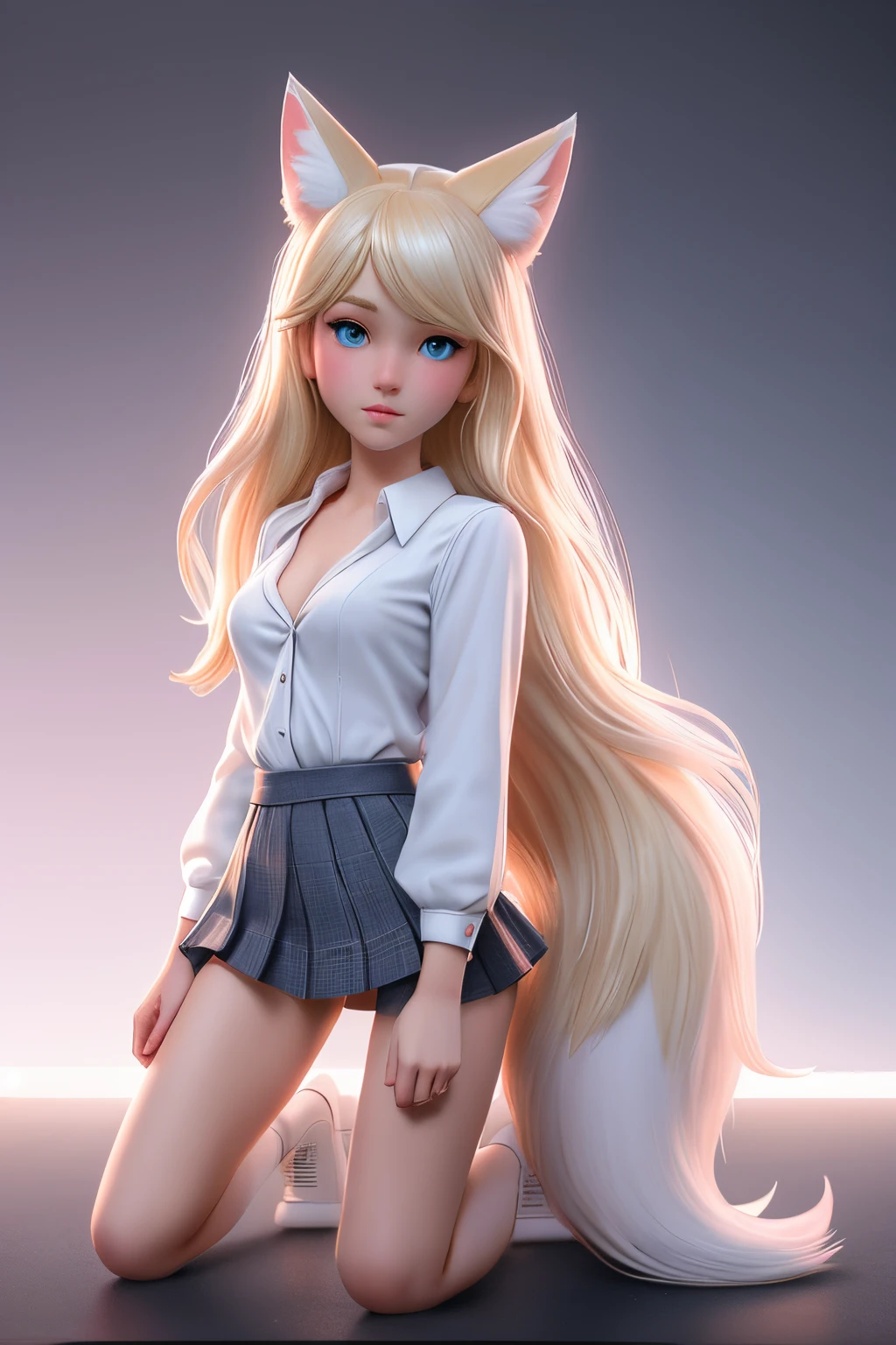 close up 1girl in, teenager, Solo, Aesthetic artwork, blond, straight blonde hair, super long blonde hair, light blue eyes,  some small freckles, pale skin, small breasts, cleavage, runners body, (thin hips, thin waist: 1.25), detailed skin, neutral face, parted lips,(action shot kneeling: 1.25), wearing a short sleeve button down white blouse, unbuttoned, short pleated skirt pink, school girl uniform, (white fox ear, white fox tail:1.25), (full body: 1.1), very detailed city roof background, rooftop, overlooking midnightcity, 24mm, 4k textures, soft cinematic light, RAW intricate, elegant, highly detailed, sharp focus, ((((cinematic look)))), soothing tones, insane details, intricate details, hyperdetailed, low contrast, soft cinematic light, dim colors, exposure blend, hdr, faded