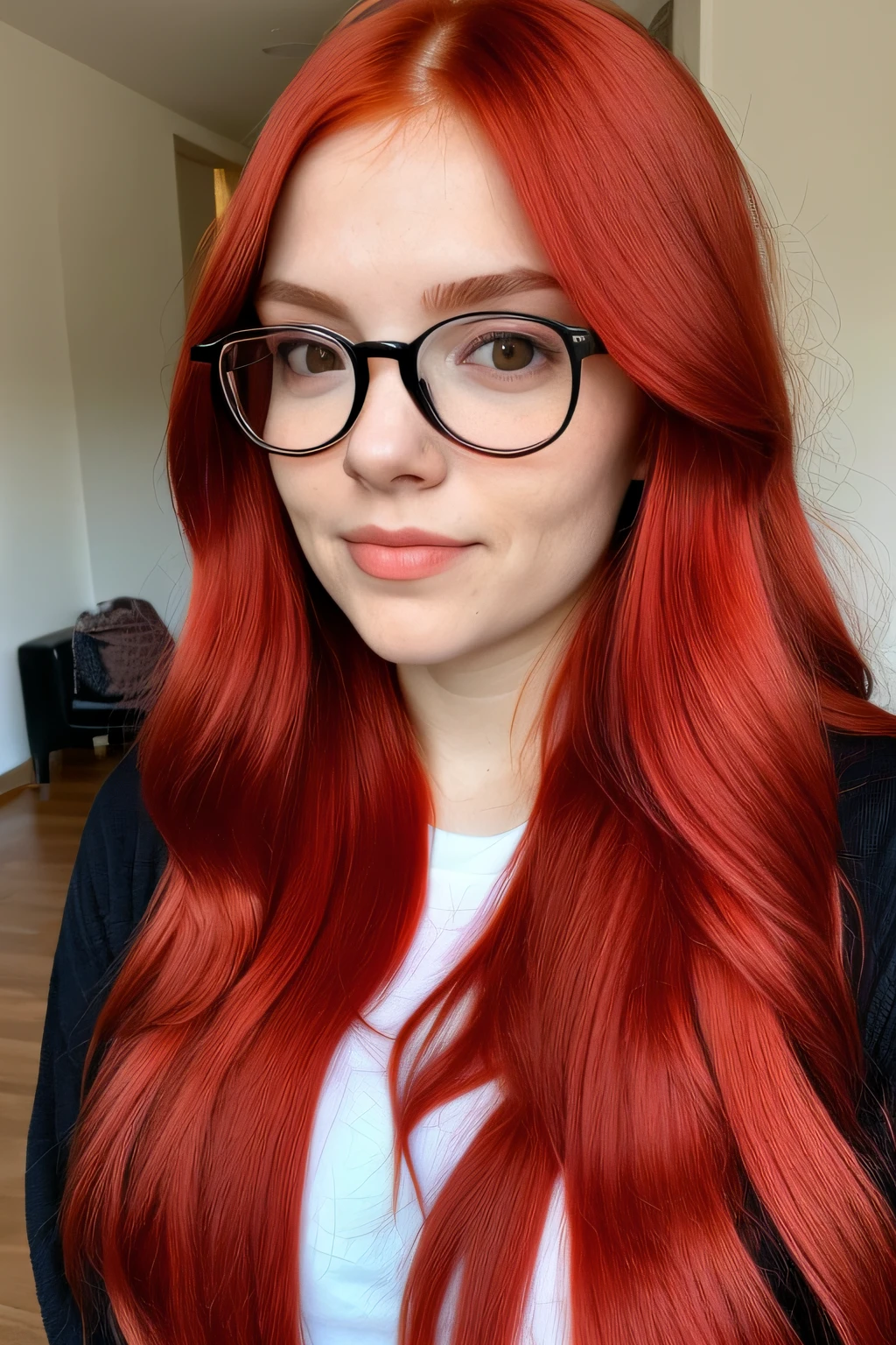 Photo of a red-haired woman with black-rimmed glasses