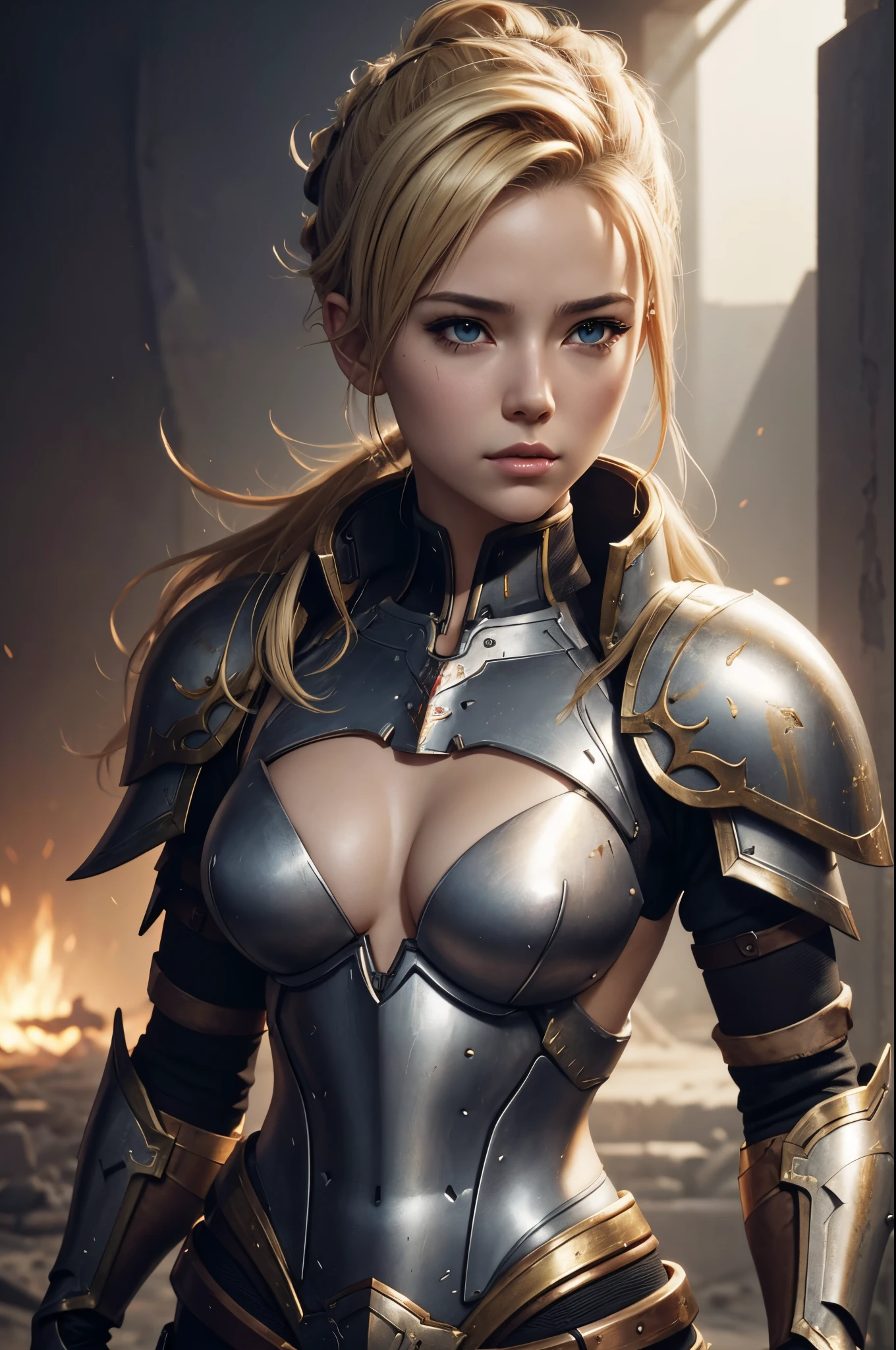 8K,small tits,A blonde mohawk-haired girl wearing a destroyed chest armor., artgerm julie bell beeple, Portrait of a girl holy knight with very small breasts, Portrait of a girl paladin, Alexandra Fomina Artstation, artgerm portrait, artgerm and wlop, ArtGerm ; 3d unreal engine, wlop and ArtGerm, ig model | ArtGerm, gorgeous girl paladin,超A high resolution,super realistic skin,tiny chest,enticing,Destroyed chest armor,exposed small breasts,