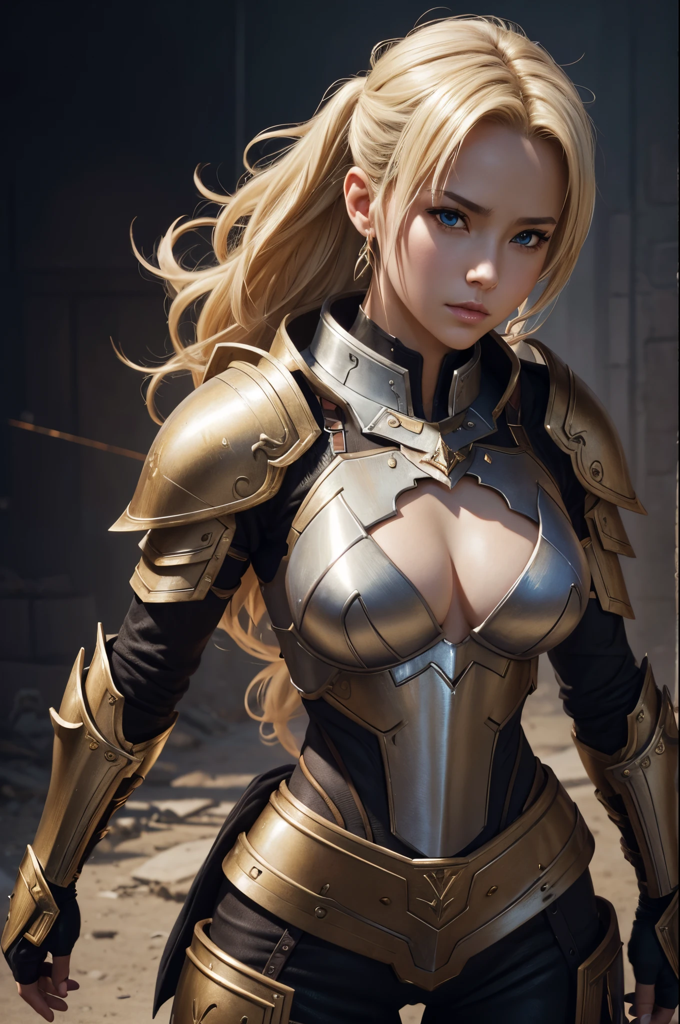 8K,small tits,A blonde mohawk-haired girl wearing a destroyed chest armor., artgerm julie bell beeple, Portrait of a girl holy knight with very small breasts, Portrait of a girl paladin, Alexandra Fomina Artstation, artgerm portrait, artgerm and wlop, ArtGerm ; 3d unreal engine, wlop and ArtGerm, ig model | ArtGerm, gorgeous girl paladin,超A high resolution,super realistic skin,tiny chest,enticing,Destroyed chest armor,exposed small breasts,
