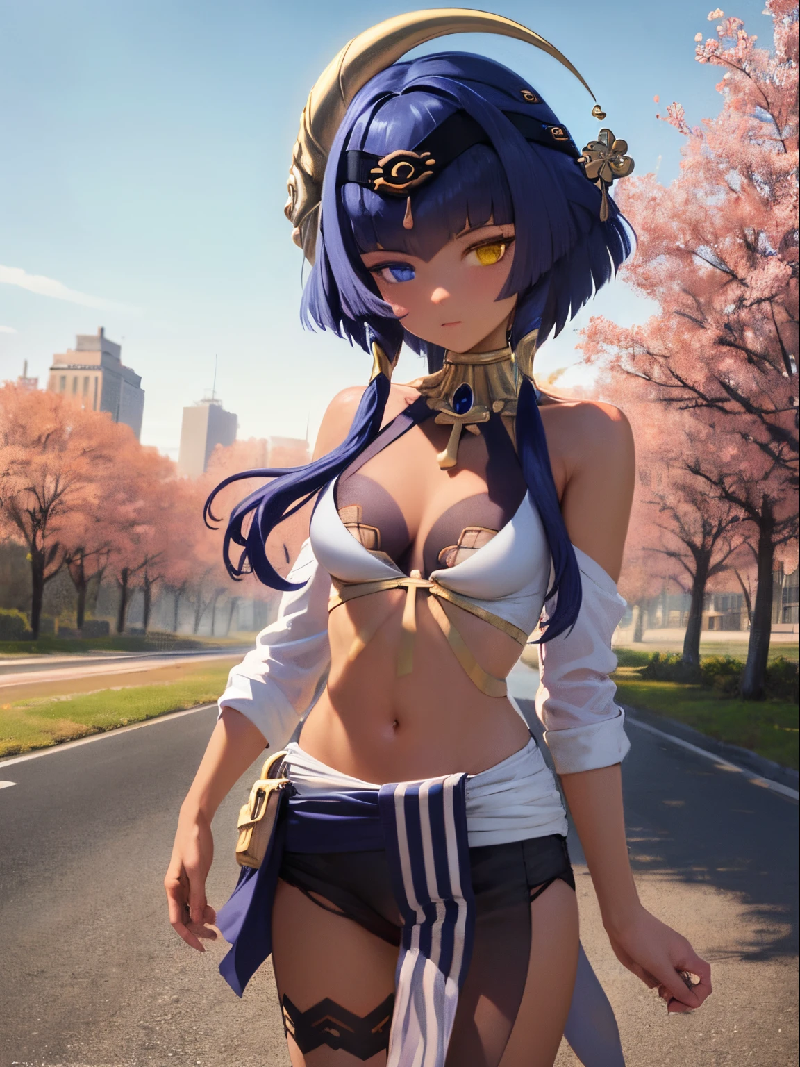 Masterpiece, Best quality, Ultra detailed, illustration, wide angle, 1girl standing in the middle of the road, small naked breasts with nipples，sexy, porn, only, Road in the middle and pink cherry trees on the roadside, full body, 20 yo, pink hair, pullover, skirt short, fashion, compositing, balance, HARMONY, cadence, Color, light, shadow, reflection, refraction, tone, contrast, foreground, middle ground, background, Naturalistic, Figurative, representational.