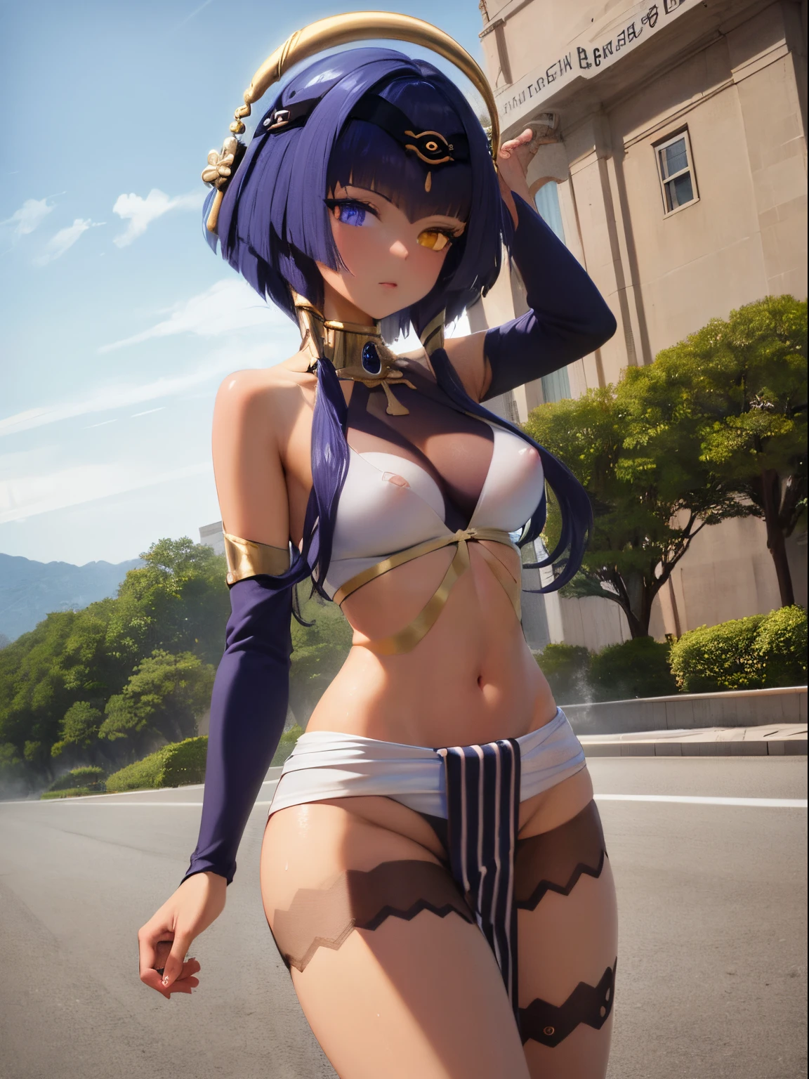 Masterpiece, Best quality, Ultra detailed, illustration, wide angle, 1girl standing in the middle of the road, small naked breasts with nipples,sexy, porn, only, Road in the middle and pink cherry trees on the roadside, full body, 20 yo, pink hair, pullover, skirt short, fashion, compositing, balance, HARMONY, cadence, Color, light, shadow, reflection, refraction, tone, contrast, foreground, middle ground, background, Naturalistic, Figurative, representational.