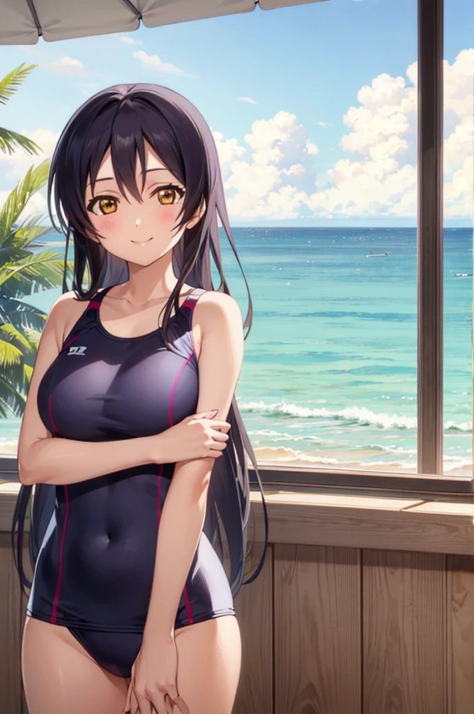 (((pixel-perfect, detail-perfect))), solo, 1girl, umi sonoda,, looking at viewer, smile, on the beach, swimsuit