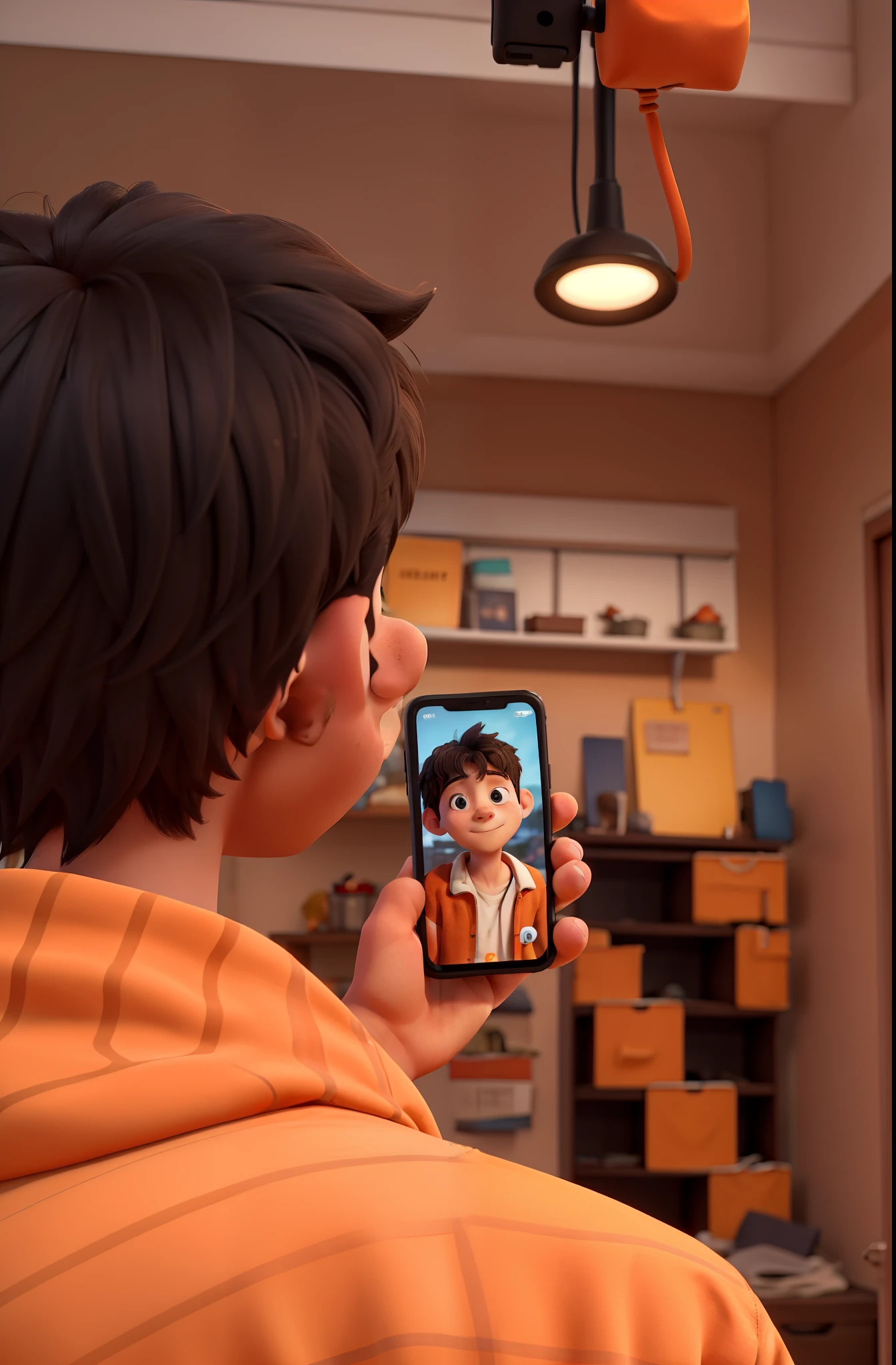 boy in orange shift from back on video call on phone with a girl looking at girl