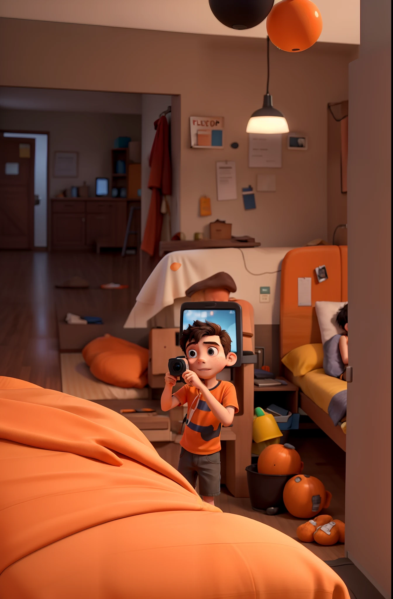 boy in orange shift from back on video call on phone with a girl looking at girl