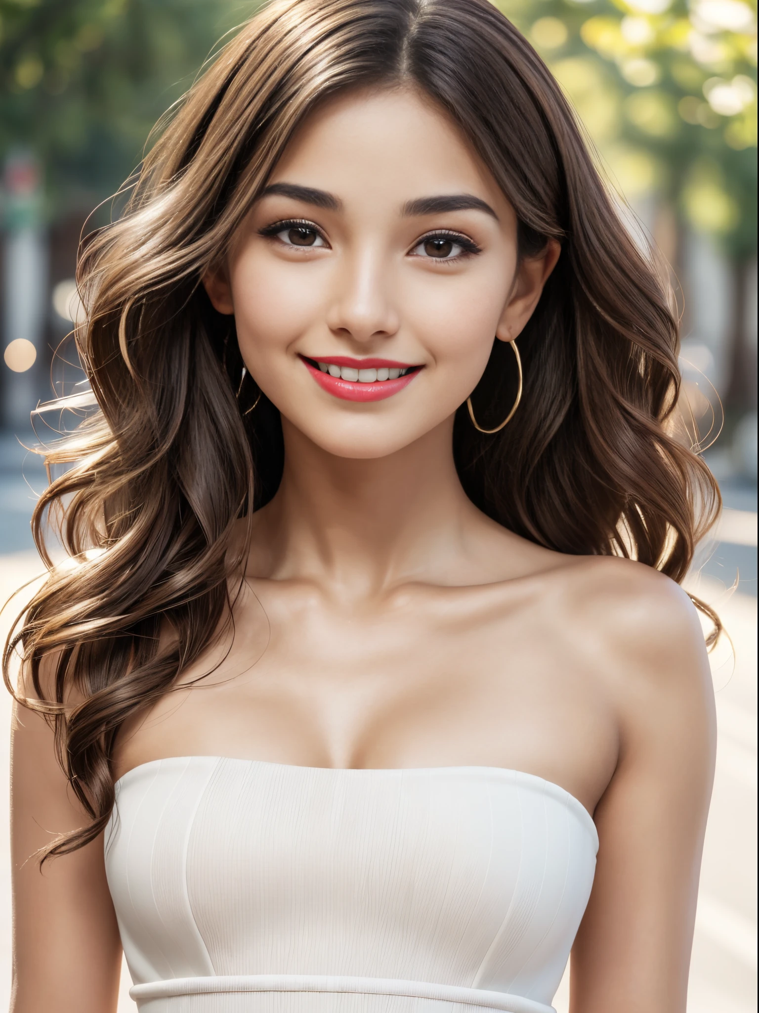 (Masterpiece), (Realistic), (best quality), (8K), ultra detailed, UHD, RAW, Spanish woman, tan:0.2, round face shape, dark brown hair, beautiful realistic wavy curly dark brown hair, dark brown eyes, dark brown almond symmetric beautiful realistic eyes, thin eyebrows:1.4, round eyebrows, beautiful symmetric nose, rounded nose-tip, thin nose-bridge, thin nostril, small delicate nose, ((round (feminine) cheeks)), (cheek dimples:1.35), thin lips, small mouth, rounded chin, {transparent red lipstick}, skin texture:1.2, smiling expression, wearing a strapless white skater dress, upper_body