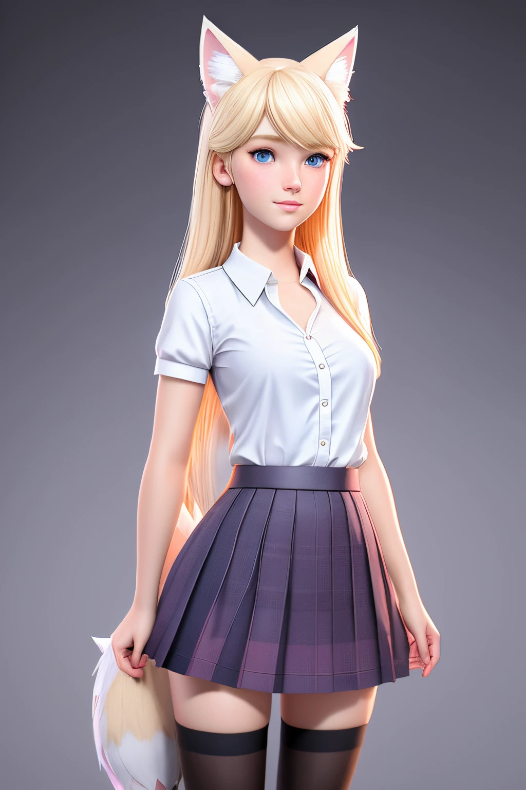 close up 1girl in, teenager, Solo, Aesthetic artwork, blond, straight blonde hair, super long blonde hair, light blue eyes,  some small freckles, pale skin, small breasts, runners body, (thin hips, thin waist: 1.25), detailed skin, shy smile, (full body: 1.1), (action shot kneeling: 1.25), wearing a short sleeve button down white blouse, Buttons are undone and open, short pink pleated skirt, school girl uniform,24mm, 4k textures, soft cinematic light, RAW photo, photorealism, photorealistic, intricate, elegant, highly detailed, sharp focus, ((((cinematic look)))), soothing tones, insane details, intricate details, hyperdetailed, low contrast, soft cinematic light, dim colors, exposure blend, hdr, faded