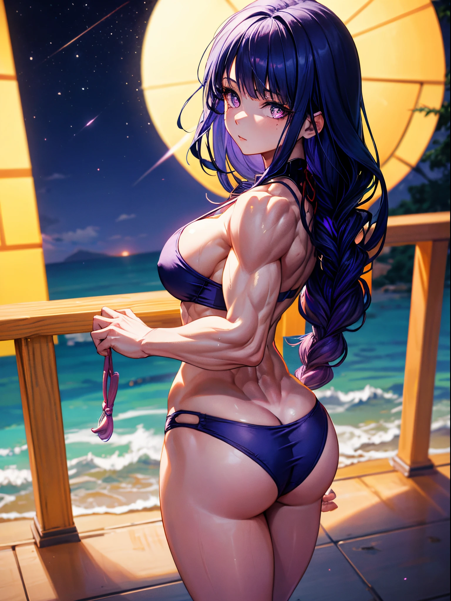 1 girl, alone, beautiful, (((muscular thighs))), medium to large breasts, wearing a gradient purple bikini, (on the beach at night with a starry sky and a full moon in the sky), (from the back), (showing her big ass looking at me), pure eyes, realistic pupils, highly detailed eyes, (standing), (barefoot), perfect anatomy, good anatomy, good composition, muscular belly, narrow waist, lubricating skin in the groin area, oily skin, reflection eyes, glowing eyes, anime, anime style, cinematic lighting, glare, bright light, ray tracing, drop shadow, Sony FE, panorama, UHD, anatomically correct, super details, high details, best quality, high resolution, HD, 16k