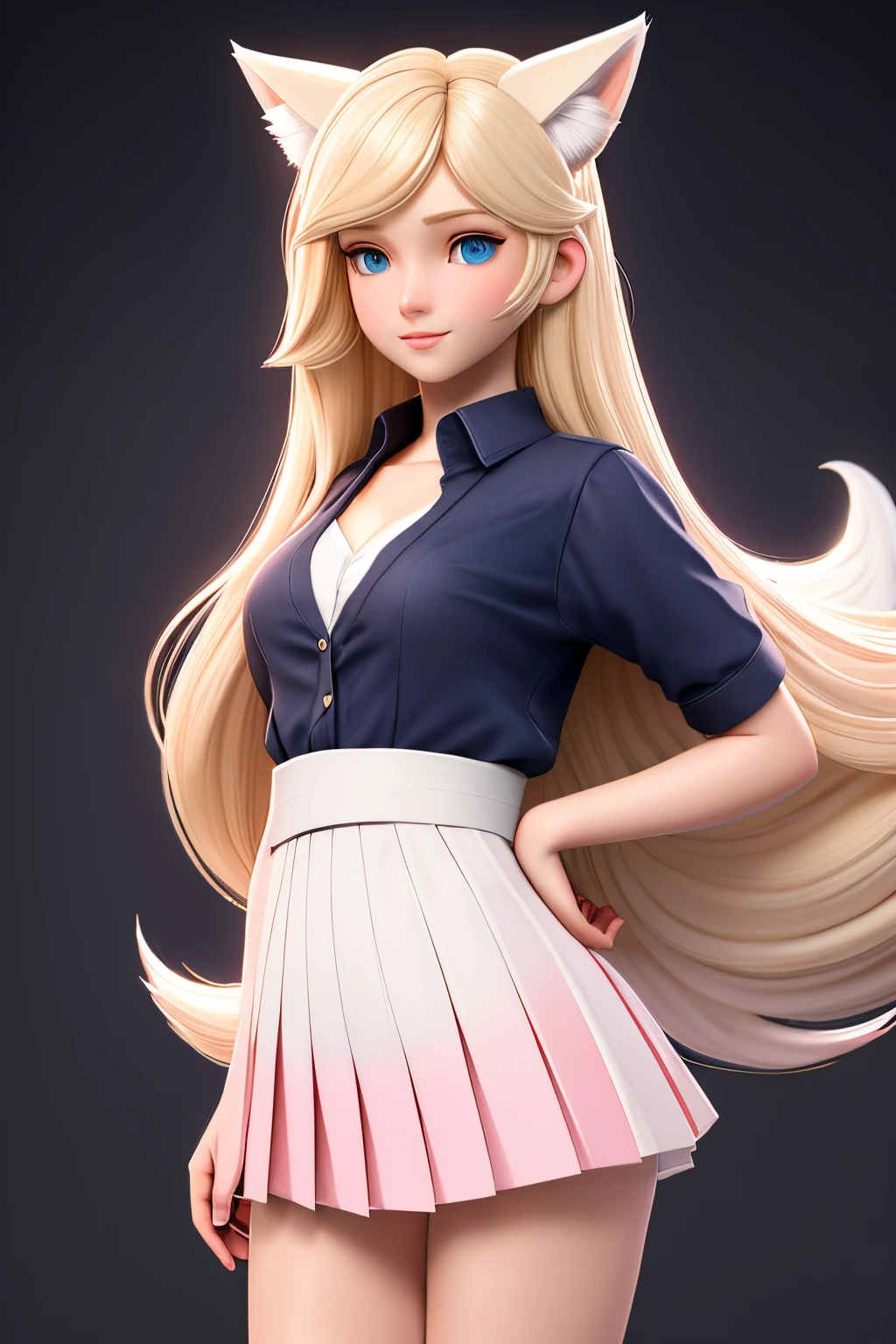 close up 1girl in, teenager, Solo, Aesthetic artwork, blond, straight blonde hair, super long blonde hair, light blue eyes,  some small freckles, pale skin, small breasts, cleavage, runners body, (thin hips, thin waist: 1.25), detailed skin, neutral face, shy smile, wearing a short sleeve button down white blouse, unbuttoned, (short pleated skirt pink:1.15), school girl uniform, (white fox ear, white fox tail:1.25), (full body: 1.1), very detailed city roof background, rooftop, overlooking midnightcity, 24mm, 4k textures, soft cinematic light, RAW intricate, elegant, highly detailed, sharp focus, ((((cinematic look)))), soothing tones, insane details, intricate details, hyperdetailed, low contrast, soft cinematic light, dim colors, exposure blend, hdr, faded