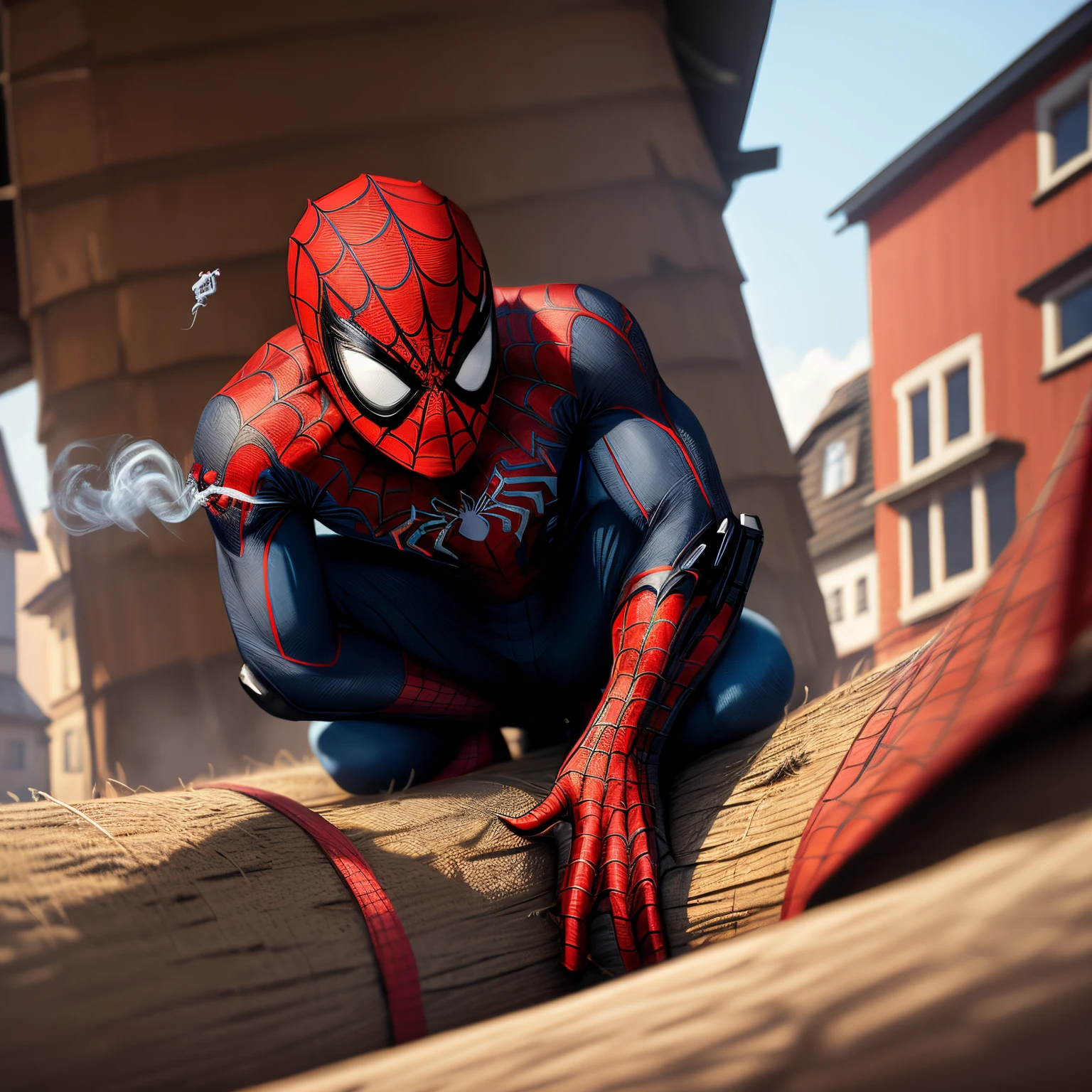 Spiderman als Zigeuner mit zigarette im mund am lagerfeuer
