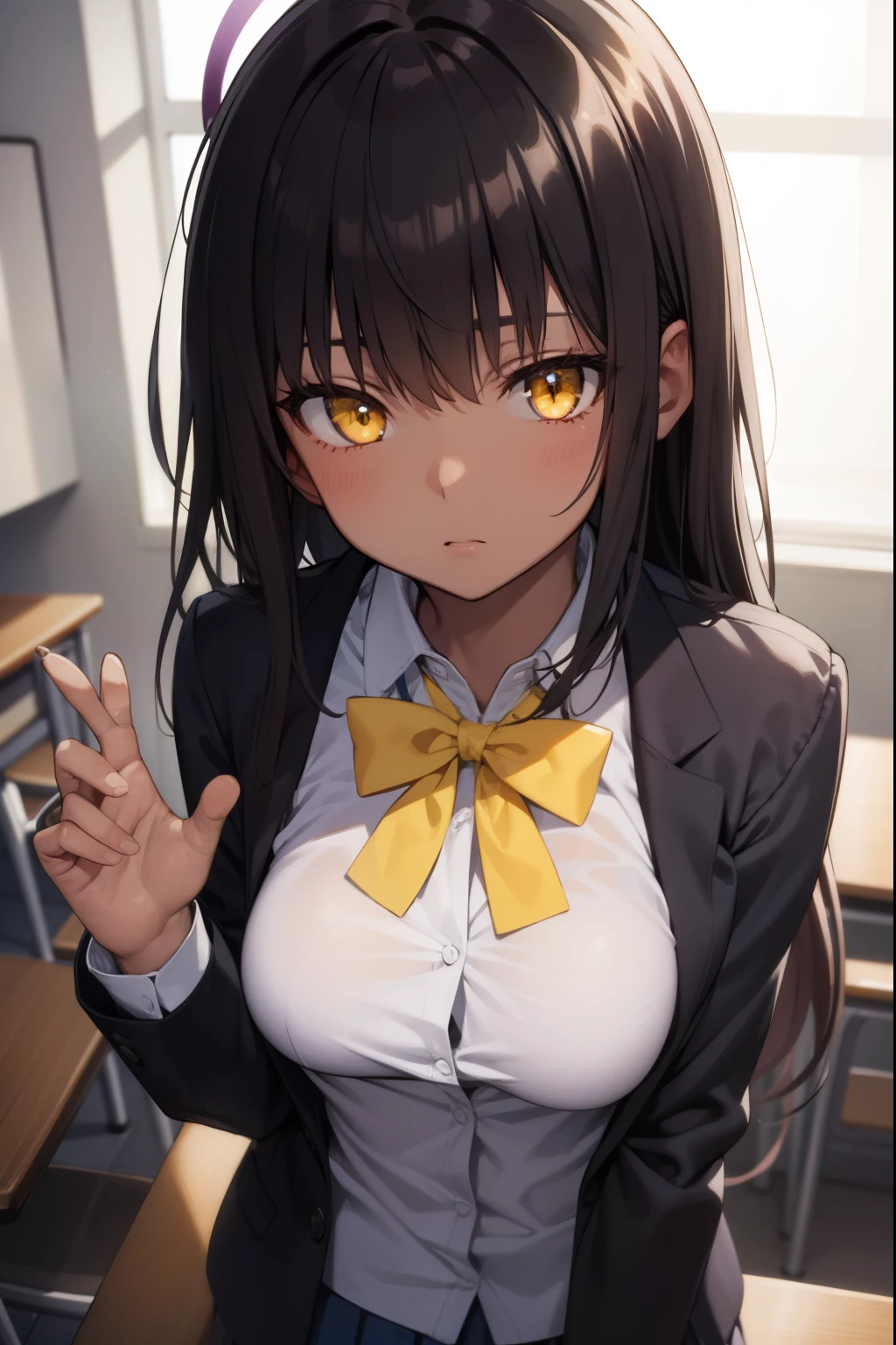 bluearchivekarin, karin, ahoge, black hair, dark skin, dark-skinned female, halo, long hair, (yellow eyes:1.5),
BREAK cardigan, neck ribbon, pleated skirt, ribbon, school uniform, skirt, blue cardigan, 
BREAK looking at viewer, 
BREAK indoors, classroom,
BREAK (masterpiece:1.2), best quality, high resolution, unity 8k wallpaper, (illustration:0.8), (beautiful detailed eyes:1.6), extremely detailed face, perfect lighting, extremely detailed CG, (perfect hands, perfect anatomy),