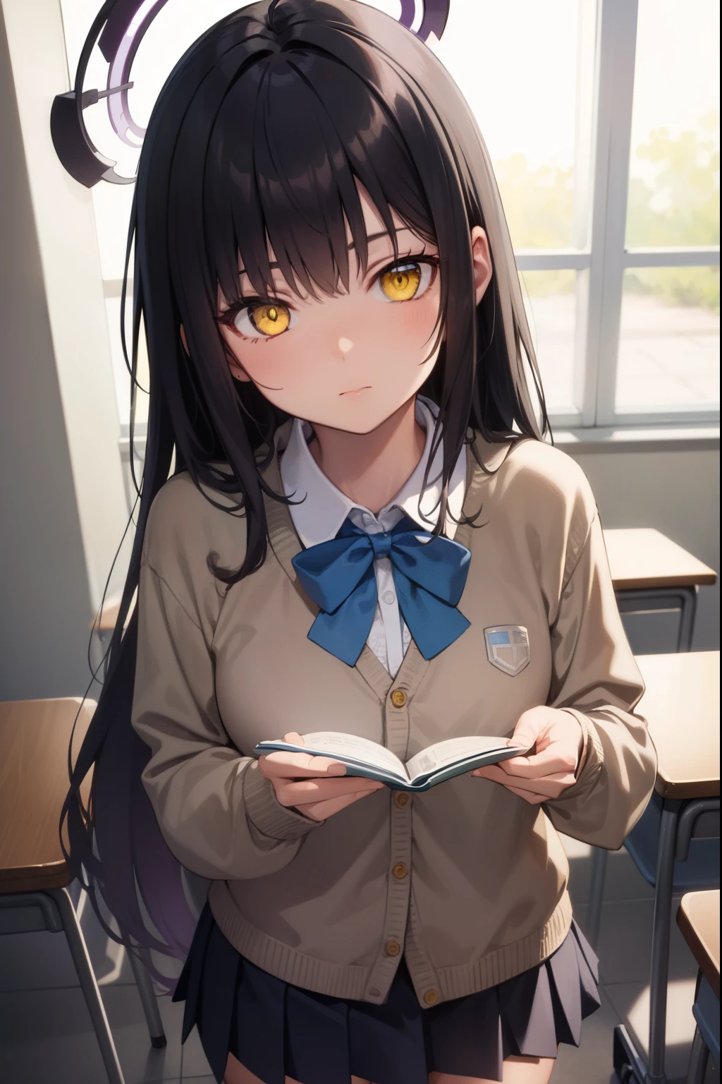 bluearchivekarin, karin, ahoge, black hair, dark skin, dark-skinned female, halo, long hair, (yellow eyes:1.5),
BREAK cardigan, neck ribbon, pleated skirt, ribbon, school uniform, skirt, blue cardigan, 
BREAK looking at viewer, 
BREAK indoors, classroom,
BREAK (masterpiece:1.2), best quality, high resolution, unity 8k wallpaper, (illustration:0.8), (beautiful detailed eyes:1.6), extremely detailed face, perfect lighting, extremely detailed CG, (perfect hands, perfect anatomy),