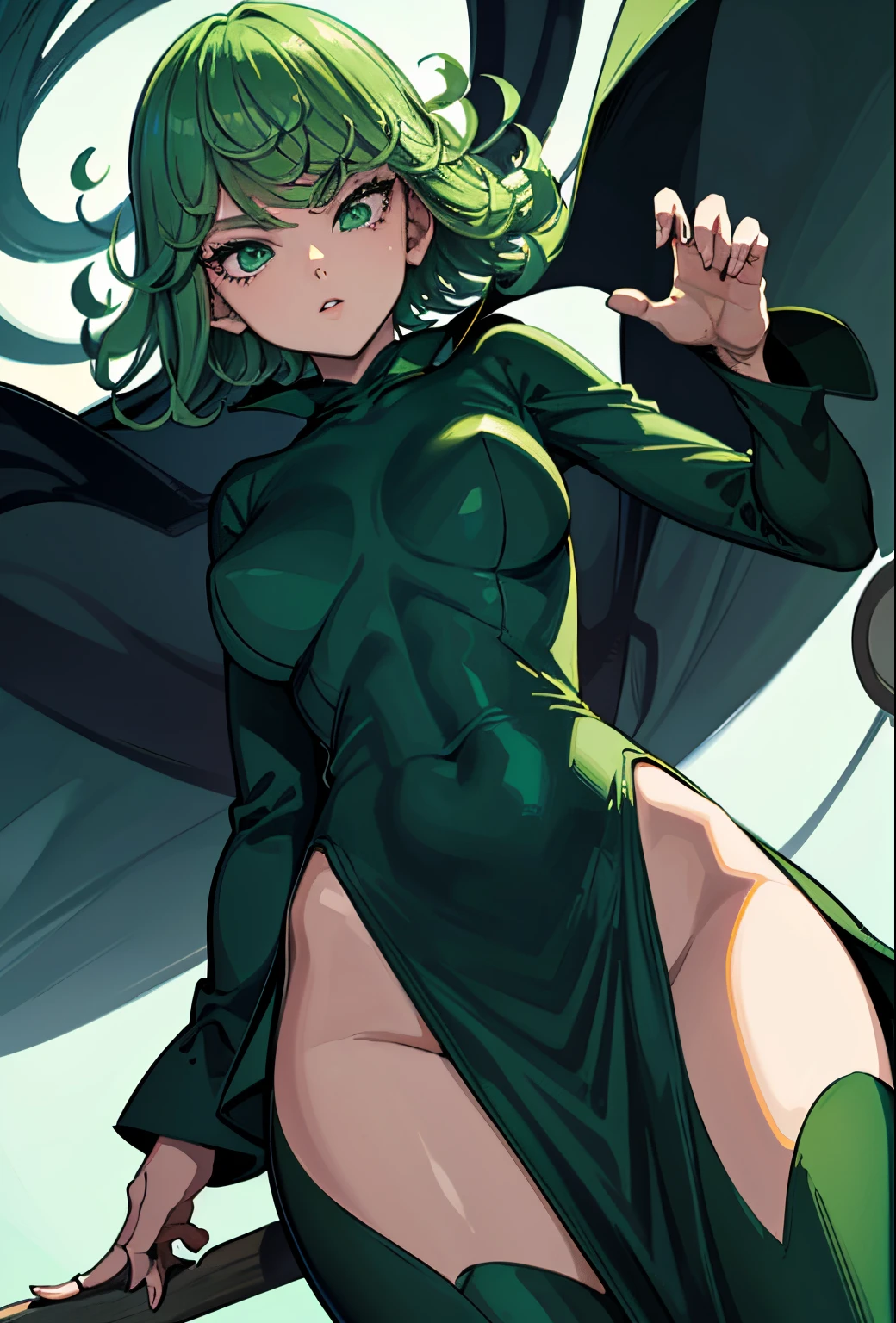 (beste-Qualit, 8K, 12), 1 girl, tatsumaki, Short Hair Hair, green hair, Huge-breasts, child, the perfect body, ultra detail face, detailed lips, Slender Eyes, gown, stands, enticing, Excited, convex areolas, steam, From Bottom