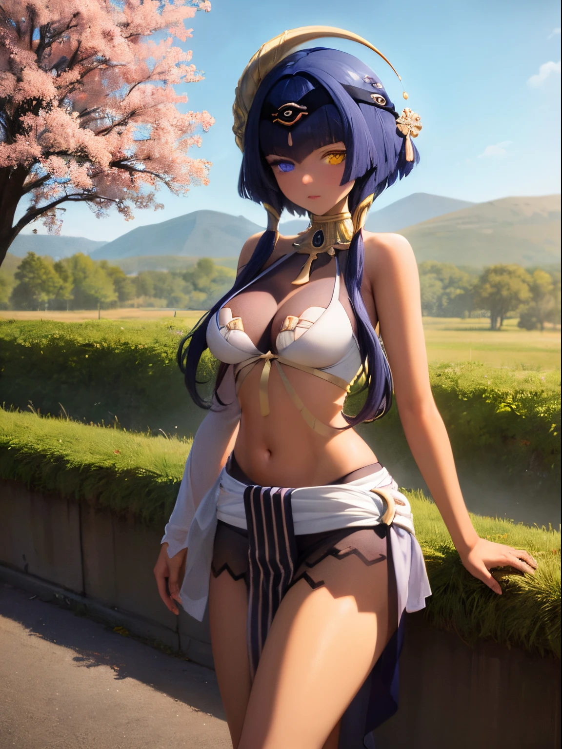 Masterpiece, Best quality, Ultra detailed, illustration, wide angle, 1girl standing in the middle of the road, small naked breasts with nipples,sexy, porn, only, Road in the middle and pink cherry trees on the roadside, full body, 20 yo, pink hair, pullover, skirt short, fashion, compositing, balance, HARMONY, cadence, Color, light, shadow, reflection, refraction, tone, contrast, foreground, middle ground, background, Naturalistic, Figurative, representational.