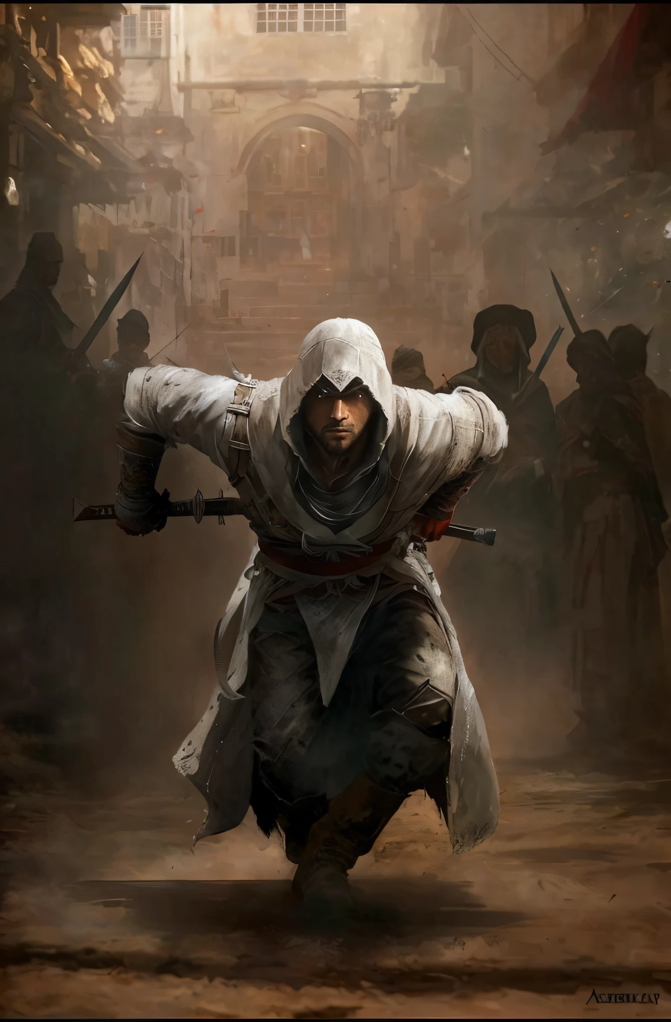 arafed image of a man in a white robe holding a sword, assassin's creed, assassins creed, assassin, assasin, craig mullins style, assassins, cinematic action shot, dramatic cinematic action shot, craig mullins dappled lighting, in assassin's creed 3, craig mullins nekro, inspired by Craig Mullins, cinematic shot!, official art, in-game cinematic