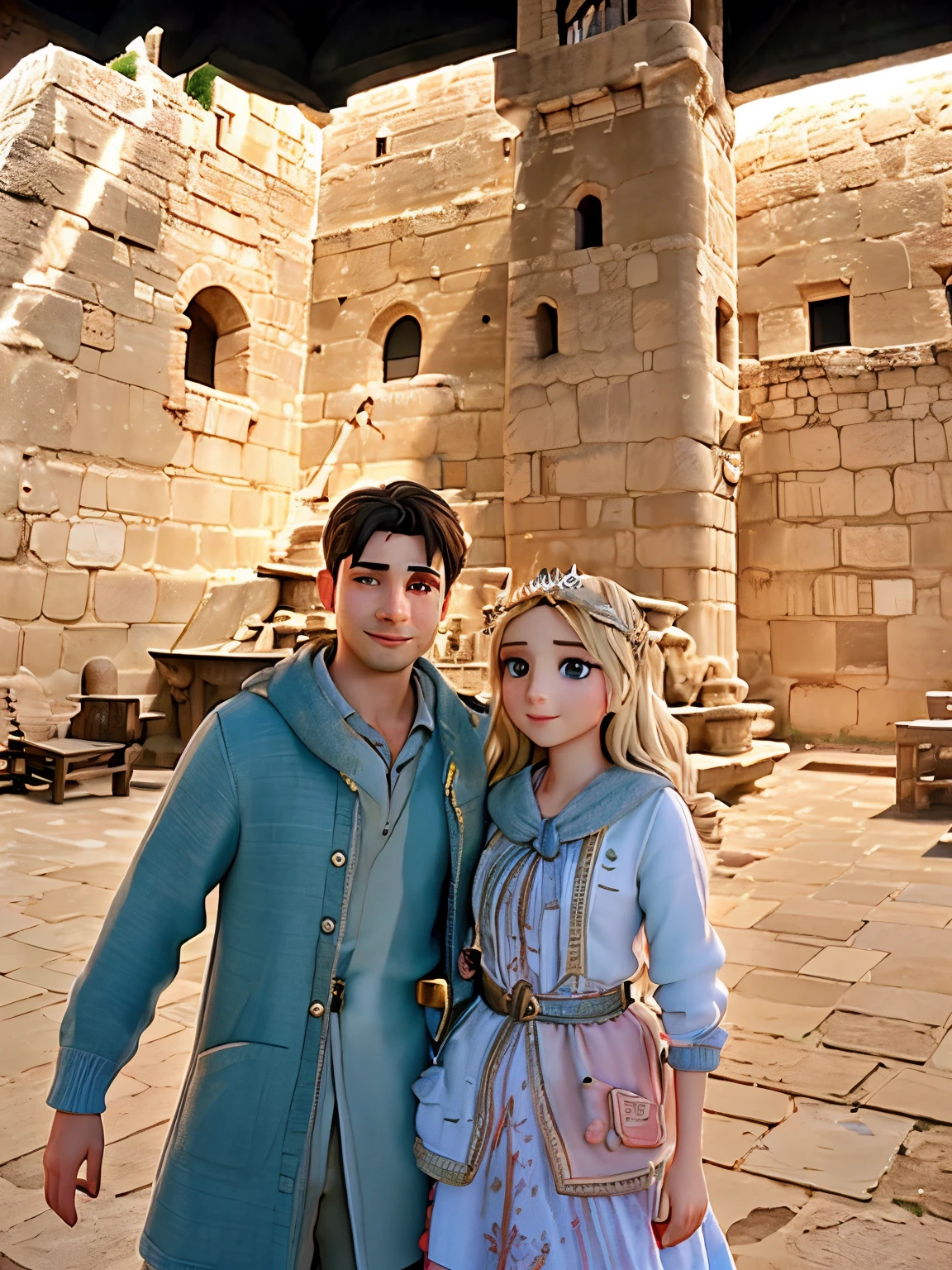 there is a man and woman standing in front of a building, with towers, with a castle in the background, mardin old town castle, old town mardin, 🤬 🤮 💕 🎀, very very low quality picture, wonderful masterpiece, wearing a fisher 🧥, photo taken in 2 0 2 0, at an ancient city, in egypt