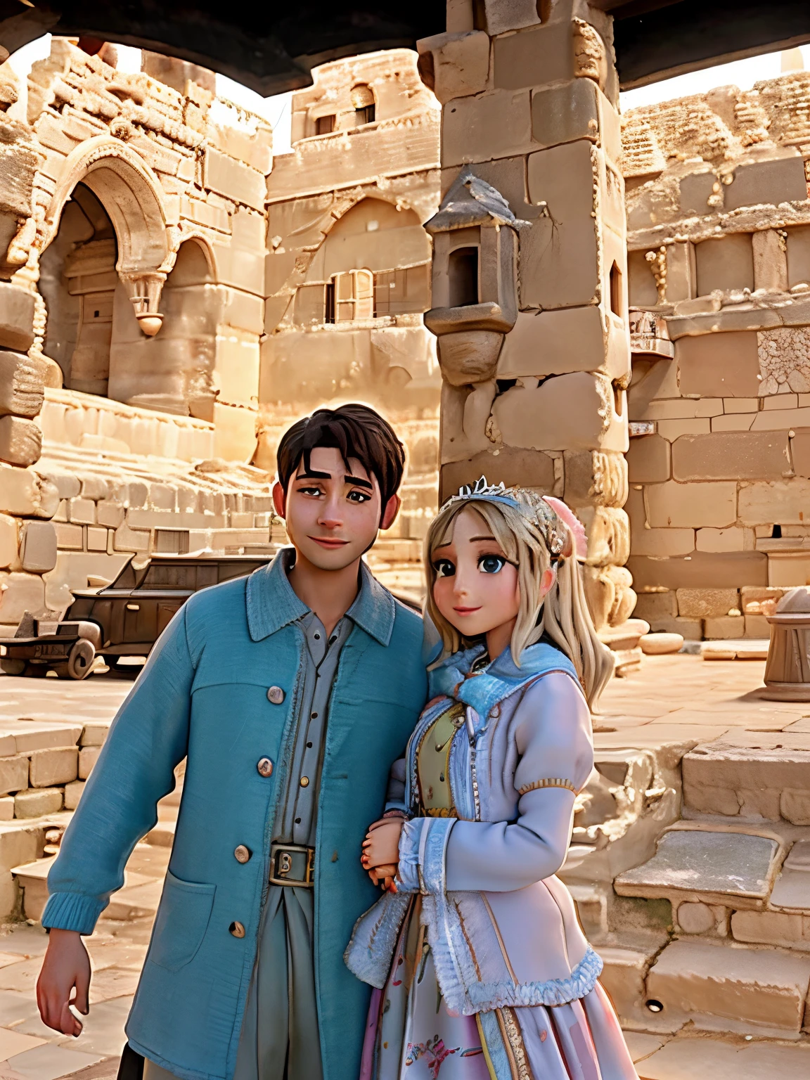 there is a man and woman standing in front of a building, with towers, with a castle in the background, mardin old town castle, old town mardin, 🤬 🤮 💕 🎀, very very low quality picture, wonderful masterpiece, wearing a fisher 🧥, photo taken in 2 0 2 0, at an ancient city, in egypt