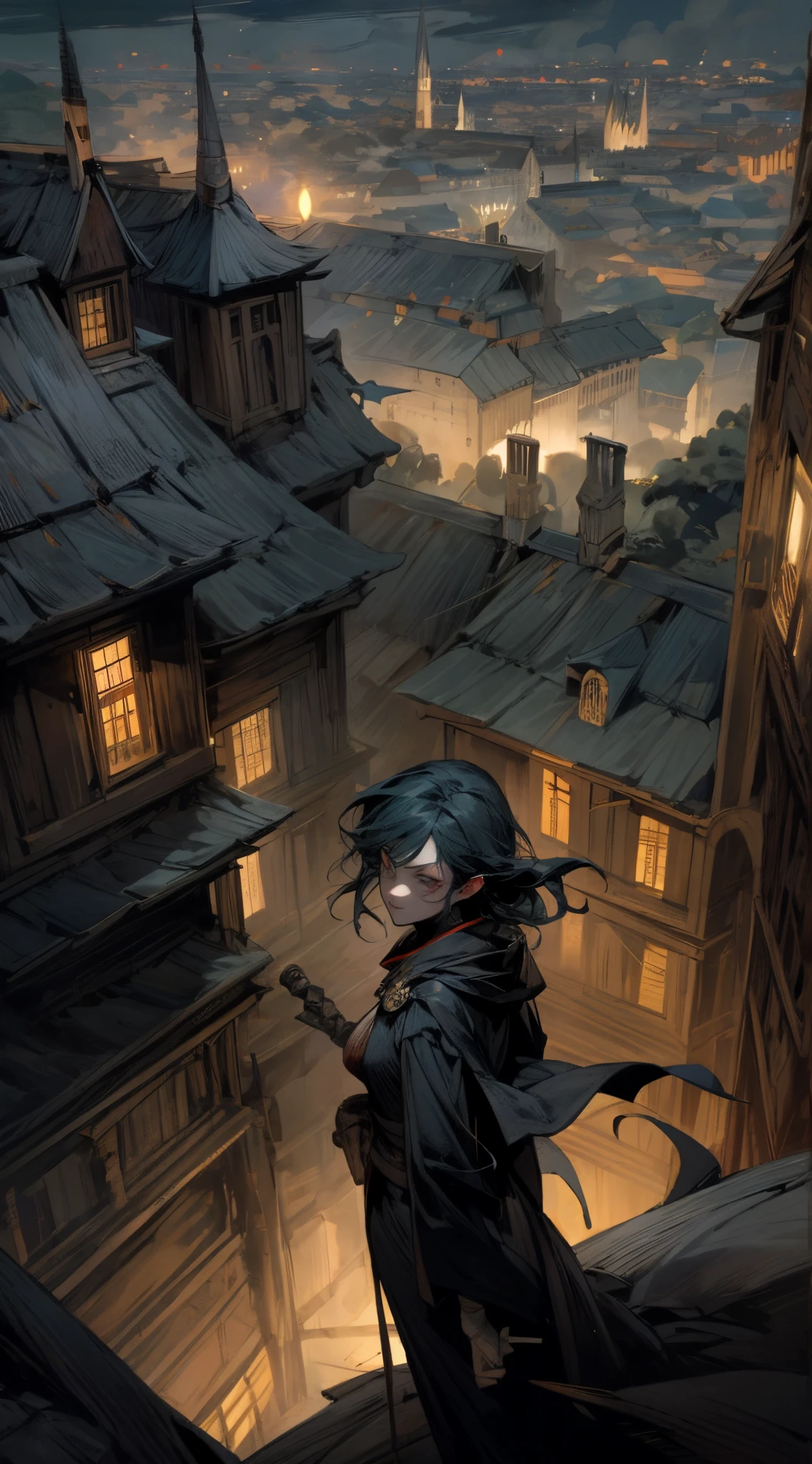 uma mulher, Vampire hunter watching from the top of a building. Em uma cidade estilo anjos da noite. ela'It's Harry Potter.