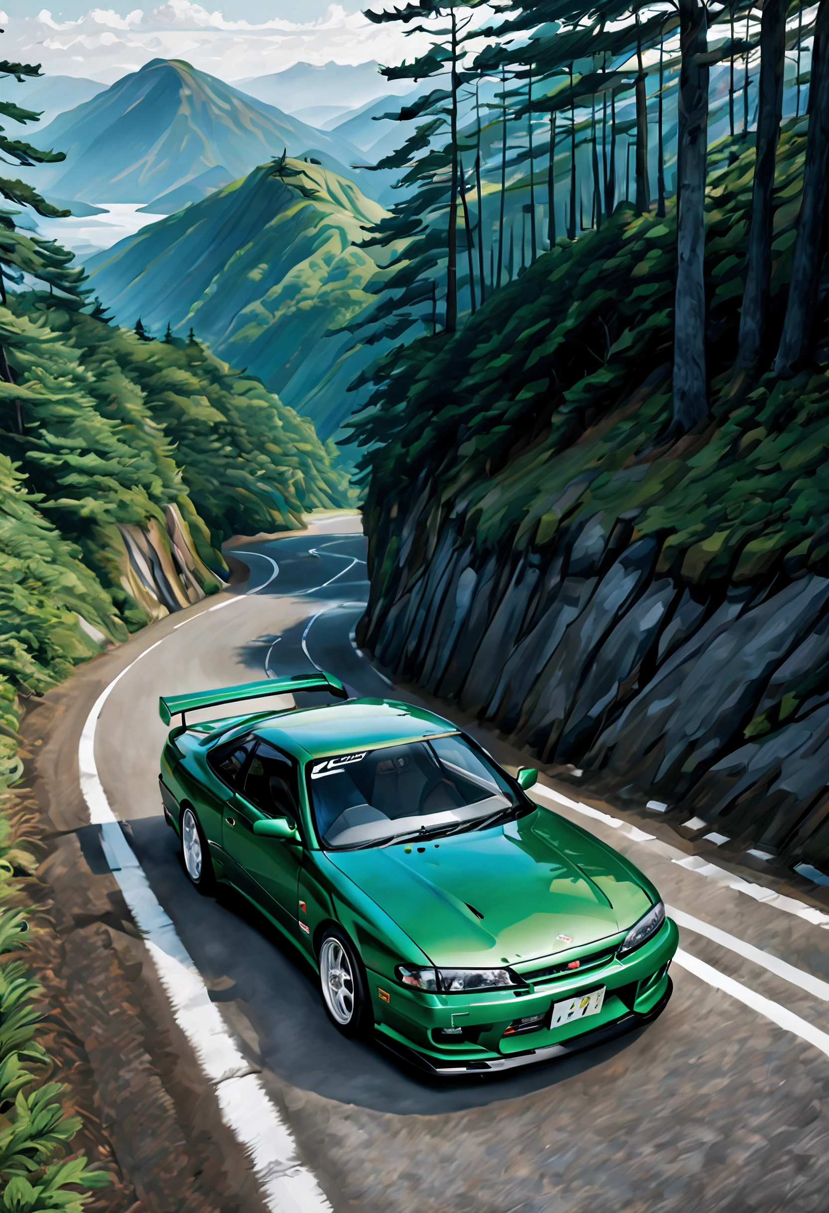 A kobaldgreen Nissan Silvia S14 Kouki at the start of a mountain road in Japan, ready for the Toge with its details subtly changing to look more like a 1998 model