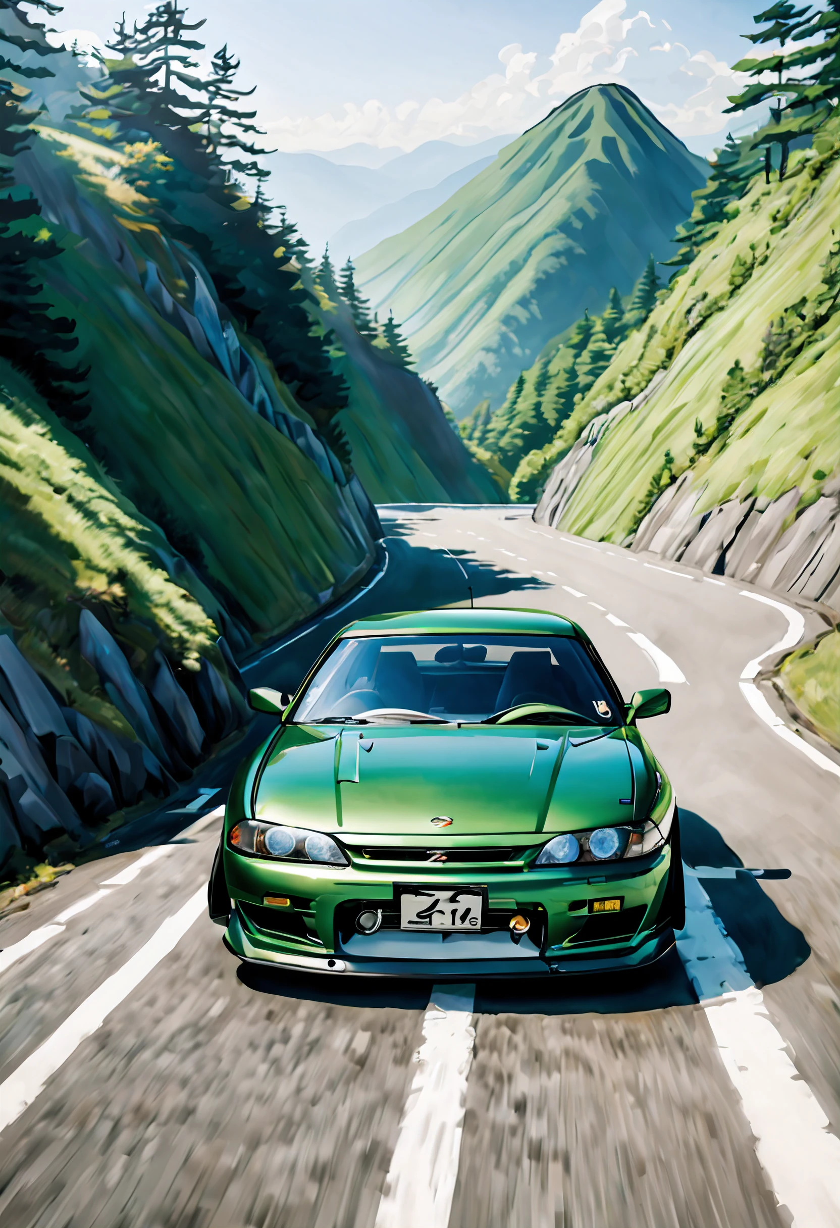 A kobaldgreen Nissan Silvia S14 Kouki at the start of a mountain road in Japan, ready for the Toge with its details subtly changing to look more like a 1998 model