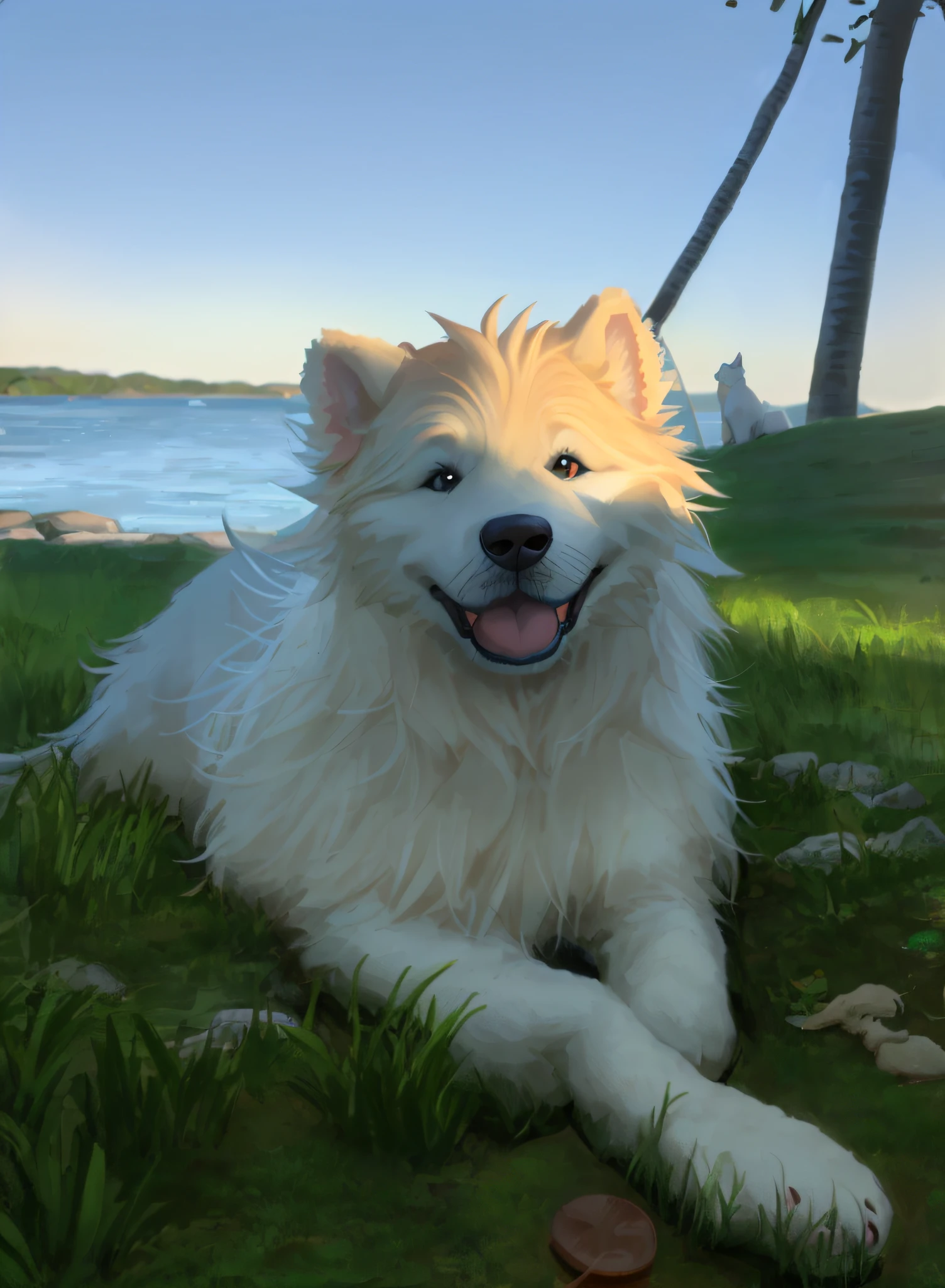Pixar poster disney samoyed dog lying on grass near water, Samoied Dog, happy dog, River in front of you, pet animal, peludo bonito, Dog cute, pet animal, sol brilhando sobre ele
