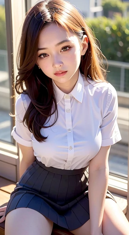 Woman in short skirt and tie sitting on window sill, Cute Schoolgirl, a hyperrealistic schoolgirl, a hyperrealistic schoolgirl, thighhighs and skirt, School Girl, wearing skirt and high socks, wearing skirt, with backdrop of natural light, Wearing school uniform, High school girl posing、Medium bob hair、