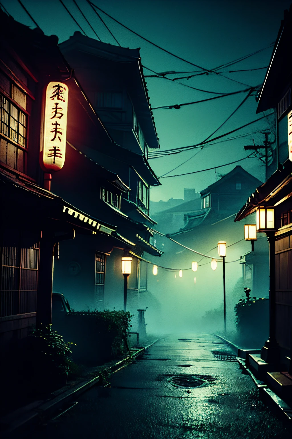 , HORROR GAME ZERO STYLE BACKGROUND, japanese Horror city at night,