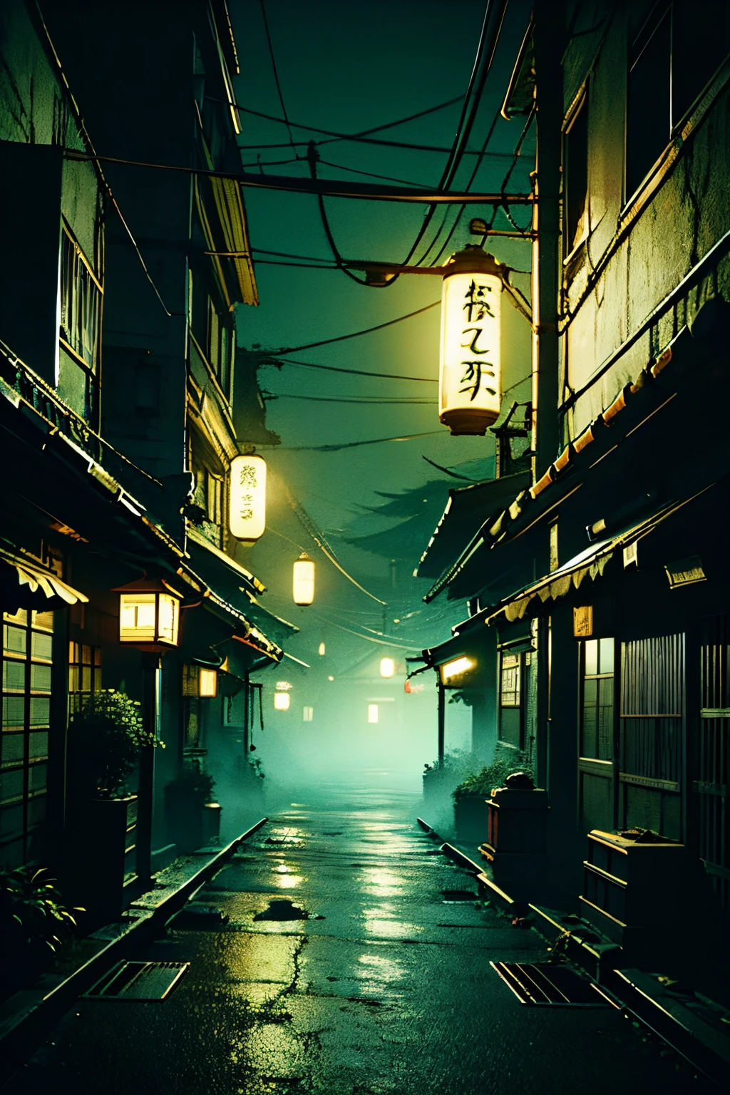 , HORROR GAME ZERO STYLE BACKGROUND, japanese Horror city at night,