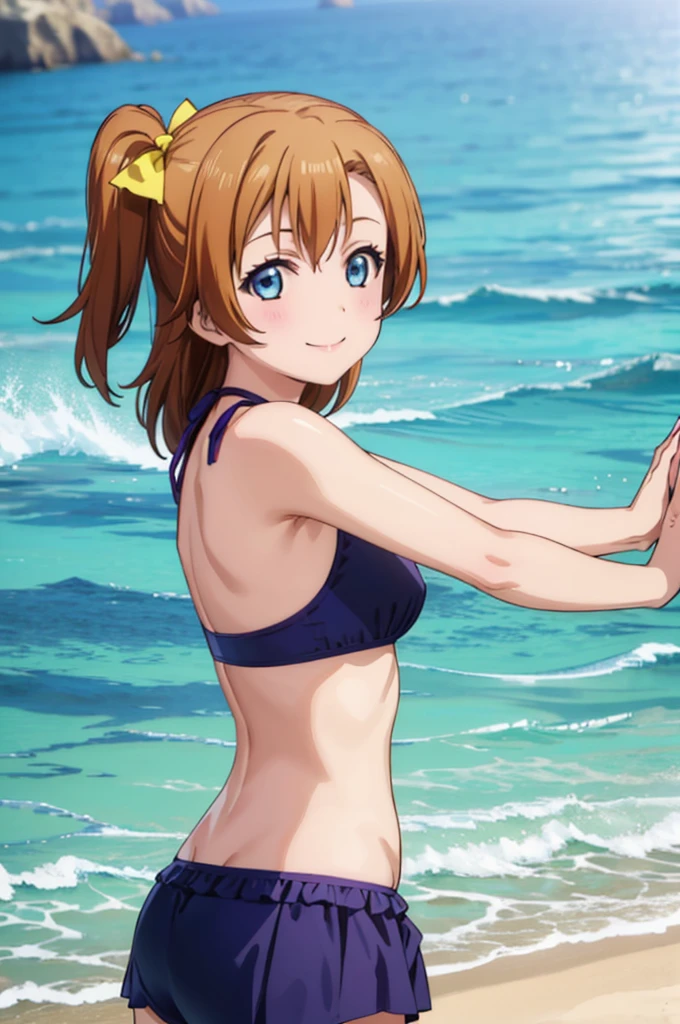 (((pixel-perfect, detail-perfect))), solo, 1girl, honoka kousaka, s, looking at viewer, smile,, on the beach, swimsuit