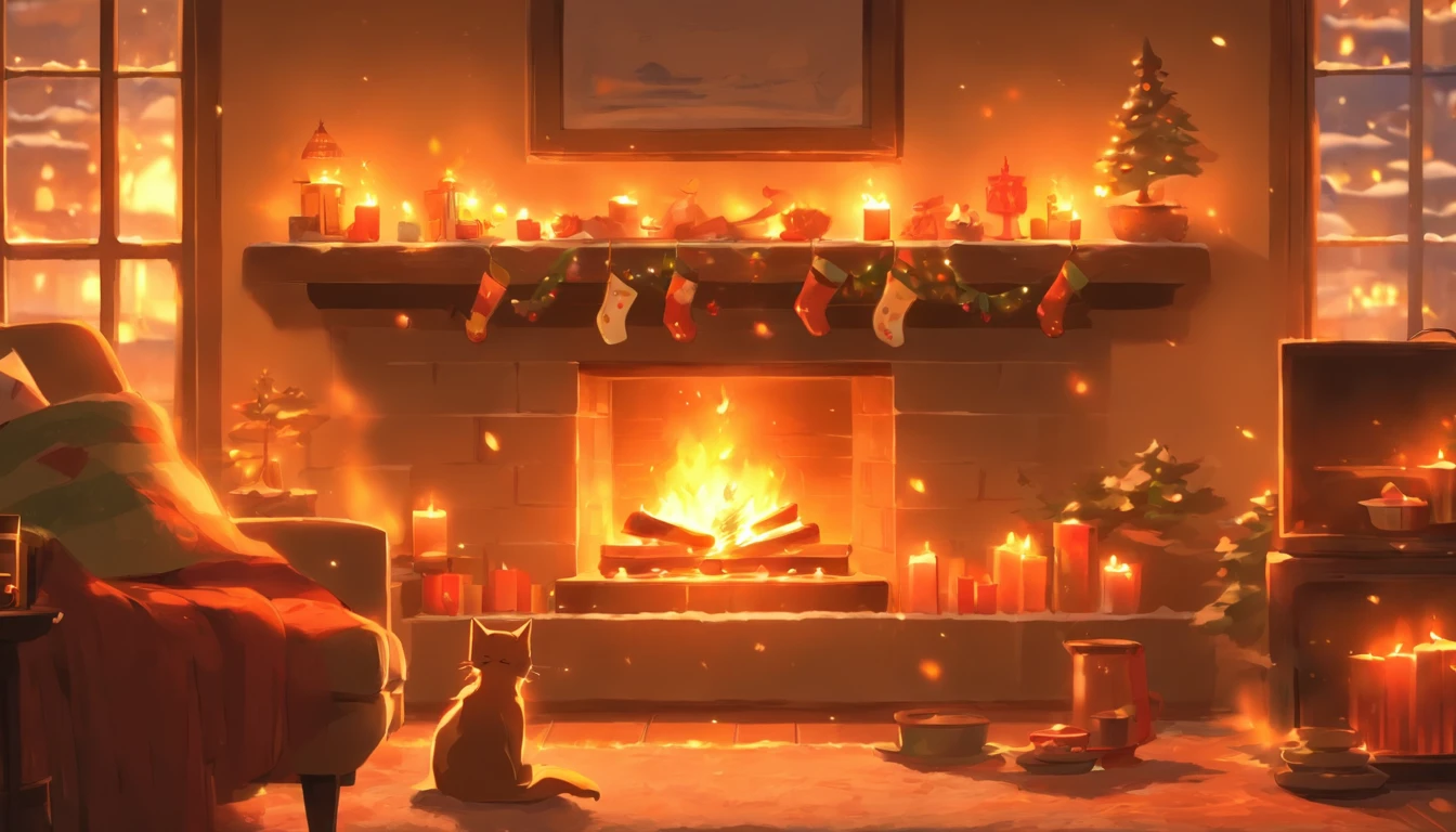 Create a warm and inviting living room scene with the following elements:

A large, crackling fireplace as the focal point of the room, emitting a comforting glow.
Inside the fireplace, a relaxing fire with dancing flames that cast a gentle light across the space.
On the floor near the fireplace, a content cat lounging comfortably and enjoying the warmth.
Christmas stockings hanging from the fireplace mantle, adorned with festive decorations.
A cozy coffee table in the center of the room, featuring a cup of steamy coffee and a neatly arranged bento meal.
The overall ambiance should evoke a sense of tranquility and holiday warmth, capturing the essence of a peaceful winter evening in a well-decorated living room. Pay attention to details like the texture of the fireplace, the expressions of the cat, and the inviting appeal of the scene. Feel free to add any additional elements that enhance the cozy atmosphere.