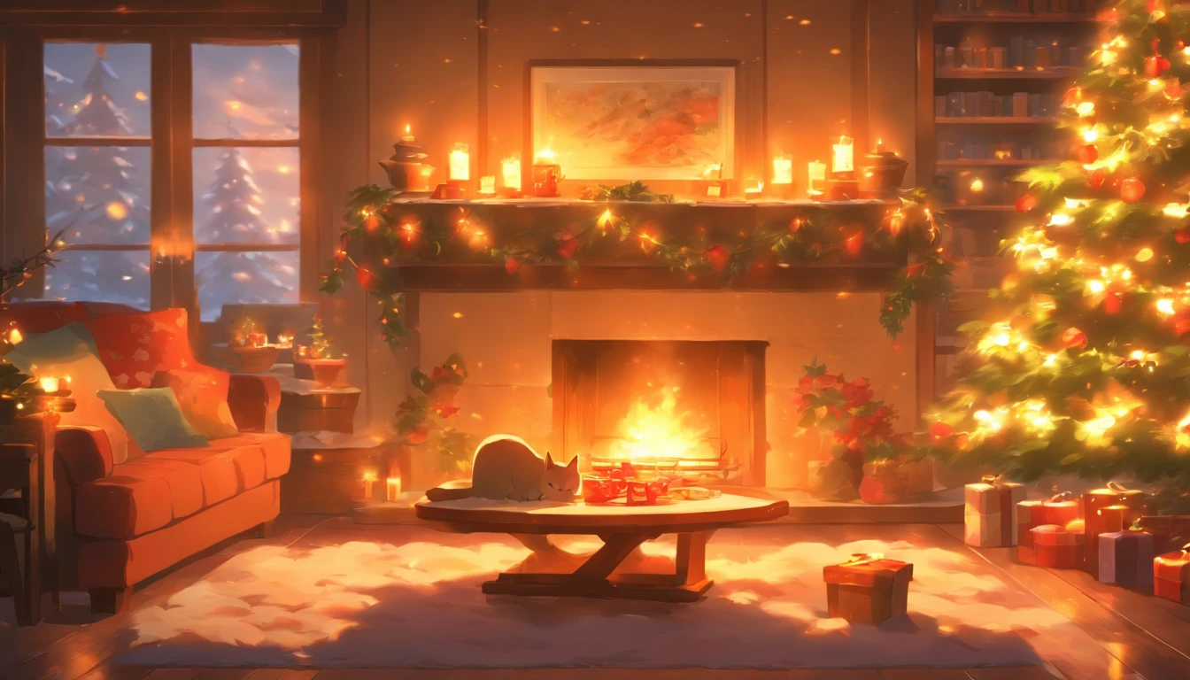 Create a warm and inviting living room scene with the following elements:
A large, crackling fireplace as the focal point of the room, emitting a comforting glow.
Inside the fireplace, a relaxing fire with dancing flames that cast a gentle light across the space.
On the floor near the fireplace, a content cat lounging comfortably and enjoying the warmth.
Christmas stockings hanging from the fireplace mantle, adorned with festive decorations.
A cozy coffee table in the center of the room, featuring a cup of steamy coffee and a neatly arranged bento meal.
The overall ambiance should evoke a sense of tranquility and holiday warmth, capturing the essence of a peaceful winter evening in a well-decorated living room. Pay attention to details like the texture of the fireplace, the expressions of the cat, and the inviting appeal of the scene. Feel free to add any additional elements that enhance the cozy atmosphere.