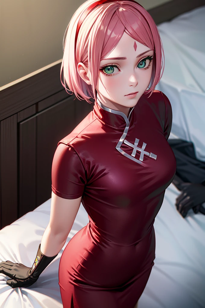 Sakura Haruno, Sakura Haruno, Short hair, Bangs, (Green eyes:1.5), Pink hair, shairband, facial mark, (forehead mark:1.2), red hairband, (swept bangs:1.5), (tiny chest:1.2),
destroy chinese clothes, Dress, (Red dress:1.3), Short skirt, Black shorts, gloves, Black Gloves, Sleeveless,
BREAK looking at viewer,
Break indoors, bed,
BREAK (masutepiece:1.2), Best Quality, High resolution, Unity 8k壁纸, (Illustration:0.8), (Beautiful detailed eyes:1.6), extra detailed face, Perfect Lighting, extremely details CG, (Perfect hands, Perfect Anatomy),