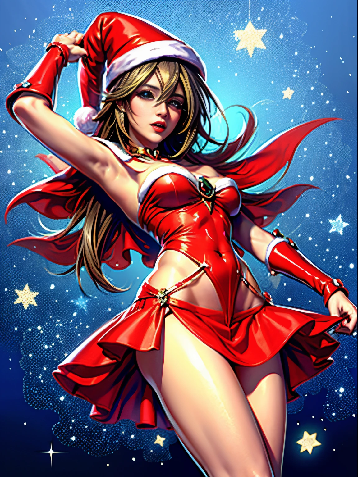 Dark magician gils con vestido rojo,((see through)), extremadamente detallado, rubio,(((Mini falda diminuta))), ((skirt lift)),(((tanga visible))),Sonriendo, ojos azules, realista, tacones rojos, (((Navidad))), escote, ((christmas tree, Regalos)), cabello rubio, navidad de Magia. Pose sejustiva y sensual.