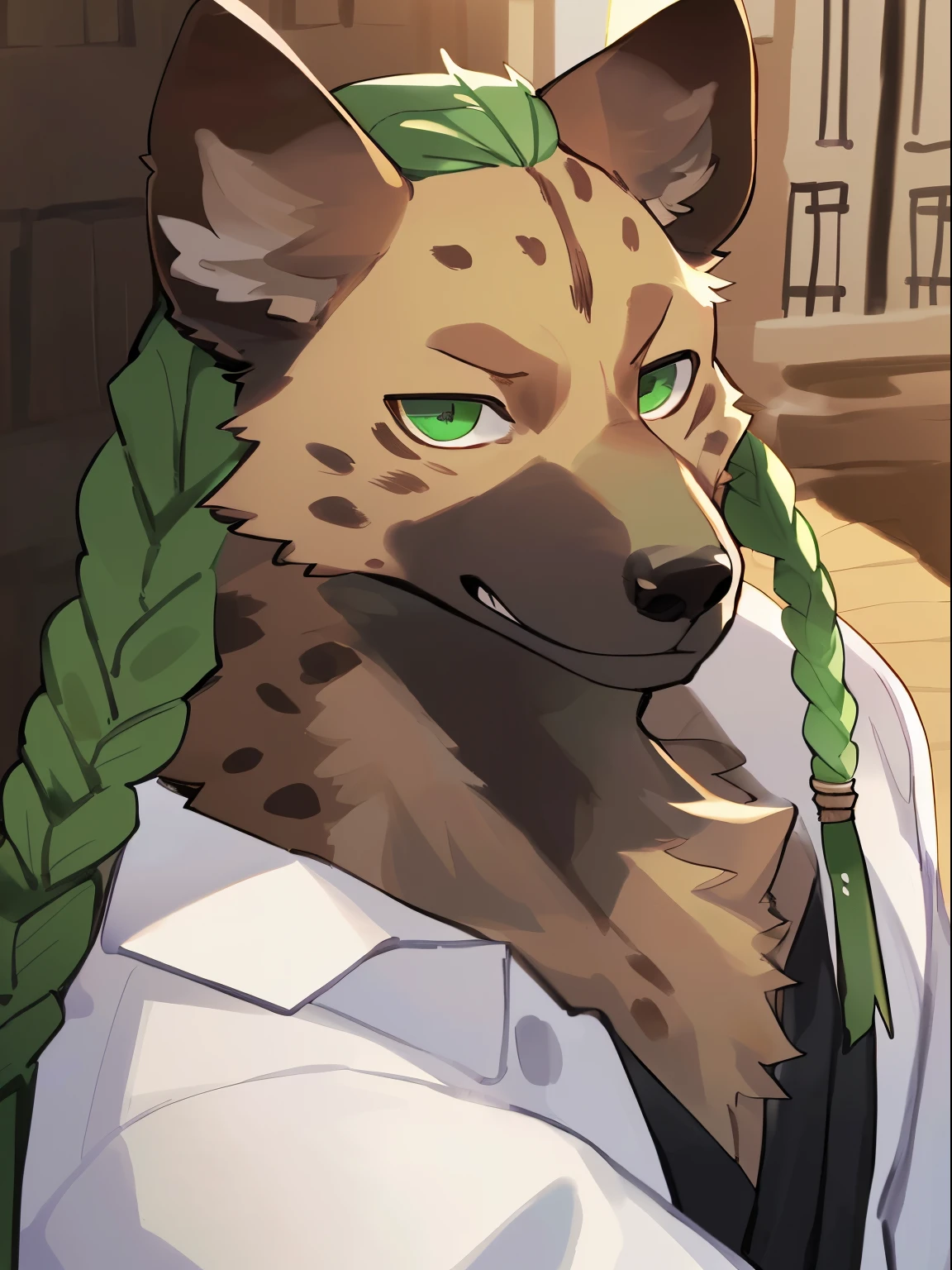(((Detailed anatomy, detailed eyes detailed body detailed face, best quality, high resolution))), solo, (1male, hyena, long green braid hair, adult body, brown furs, skinny muscle, dark green eyes), white button long sleeve shirt, black pants, in the village, by bebebebebe, by K0BIT0WANI