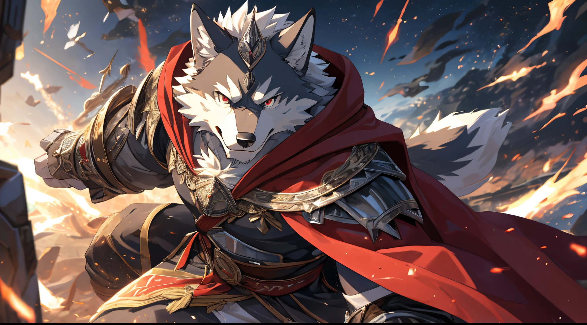 Anthro((dramatic))epic, dynamic pose, One scene of movie, An extreme perspective with a powerful composition, absurdres, magnificent picture of kemono fighting fierce battles, (ultra detailed), sharp focus, niji, eyesgod, black eye, Eyes, furry, light-white fur, brown fur, white beard, anthro (wolf), male, middle-aged, gray body, white belly, muscular, knight costume, long red cherry cloak, ultra detailed face, (detailed eyes), (faraway:1), (background is wide view of war:0.5), light particles, motion blur, depth of field, (best quality), (masterpiece), high details, high quality, award winning, highres, HD, 16k, acrobat