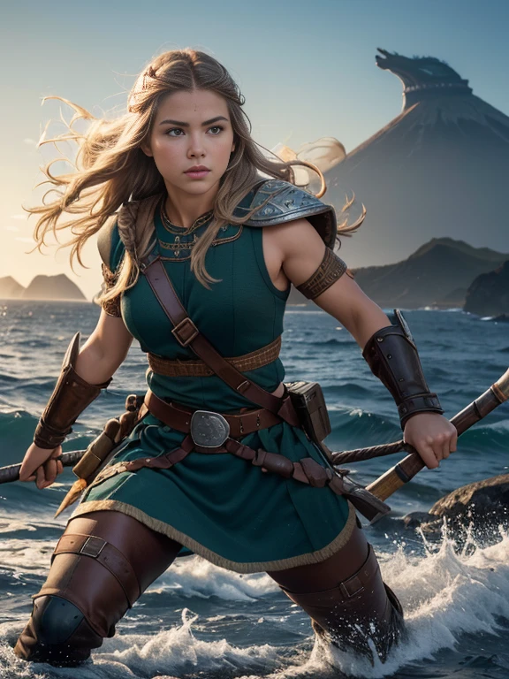 imagem fotorrealista ((master part)), ((alta qualidade)) UHD 8k, de uma bonita, guerreiro viking, esguio, (medium chest), (cintura fina), (longos cabelos ruivos), (olhos azuis profundos) , ((Armadura de couro com saia curta e detalhes intrincados, Multiple waist belts), ((capa de pele)), (in combat position, em um navio viking), natural lighting, professional DSLR camera