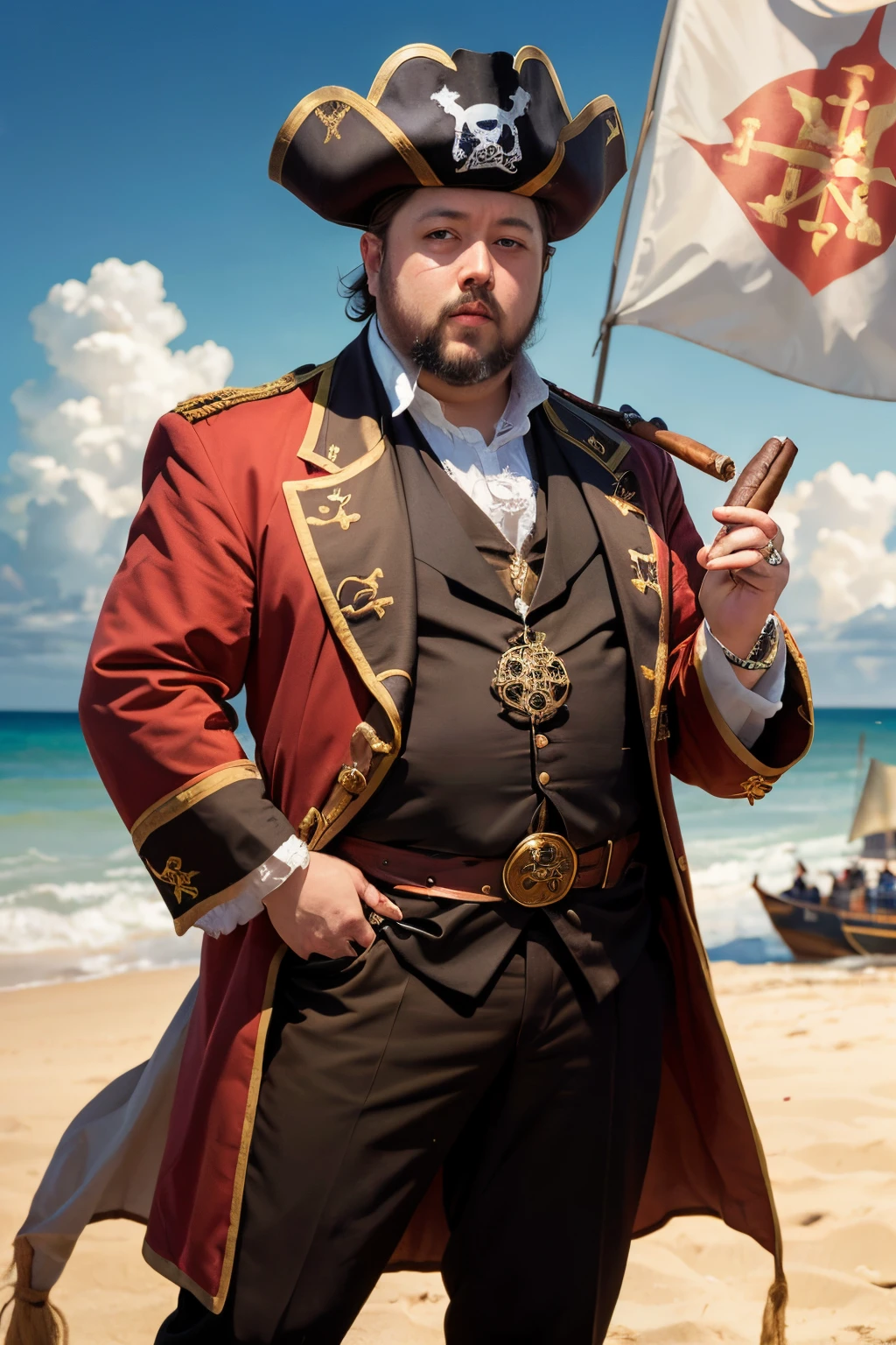 Charles Spurgeon holding a cigar, dressed as a pirate, on a beach, pirate flag with a christogram, christogams on the pirate clothes, orange clothes