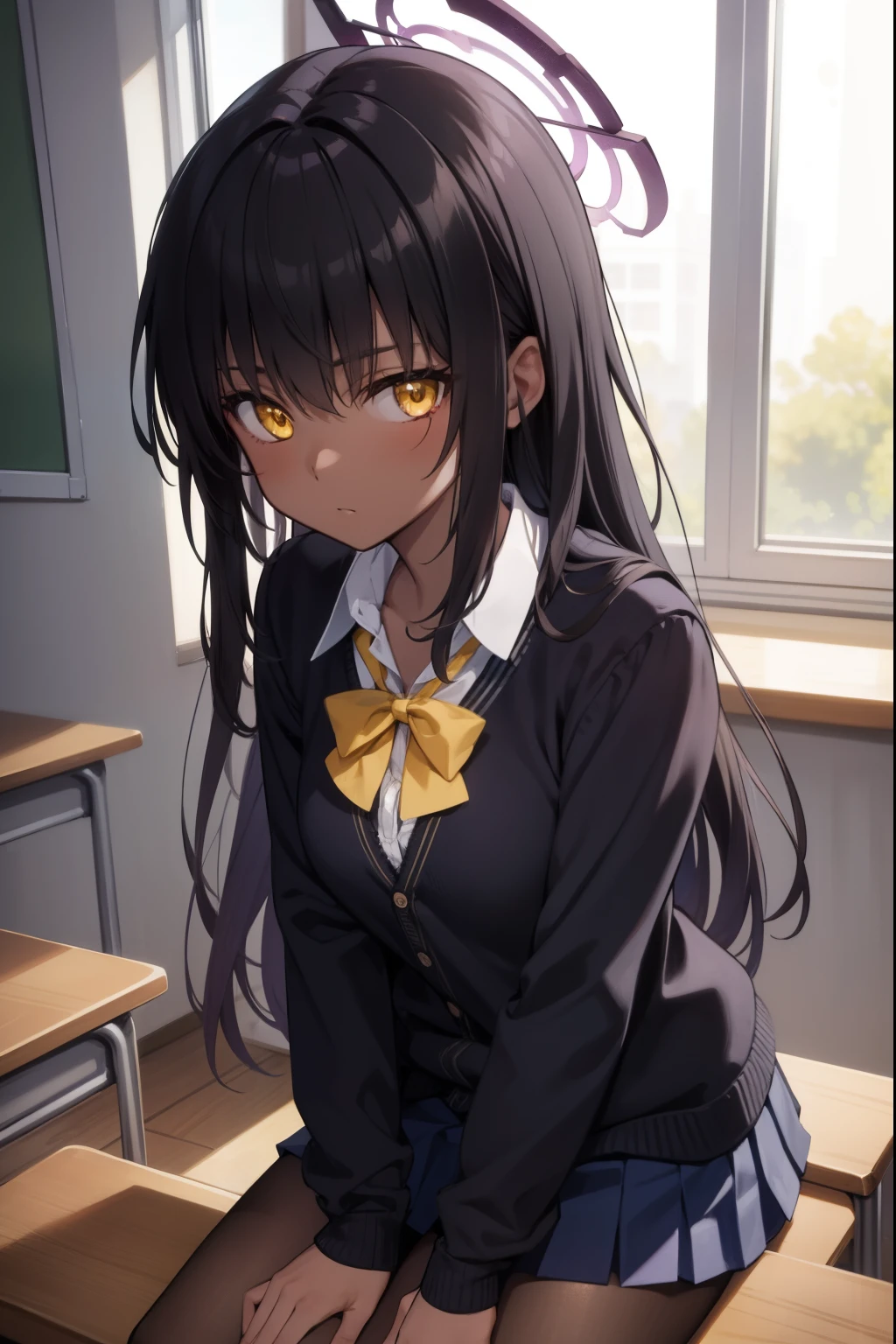 bluearchivekarin, karin, ahoge, black hair, dark skin, dark-skinned female, halo, long hair, (yellow eyes:1.5),
BREAK cardigan, neck ribbon, pleated skirt, ribbon, school uniform, skirt, blue cardigan, 
BREAK looking at viewer, 
BREAK indoors, classroom,
BREAK (masterpiece:1.2), best quality, high resolution, unity 8k wallpaper, (illustration:0.8), (beautiful detailed eyes:1.6), extremely detailed face, perfect lighting, extremely detailed CG, (perfect hands, perfect anatomy),