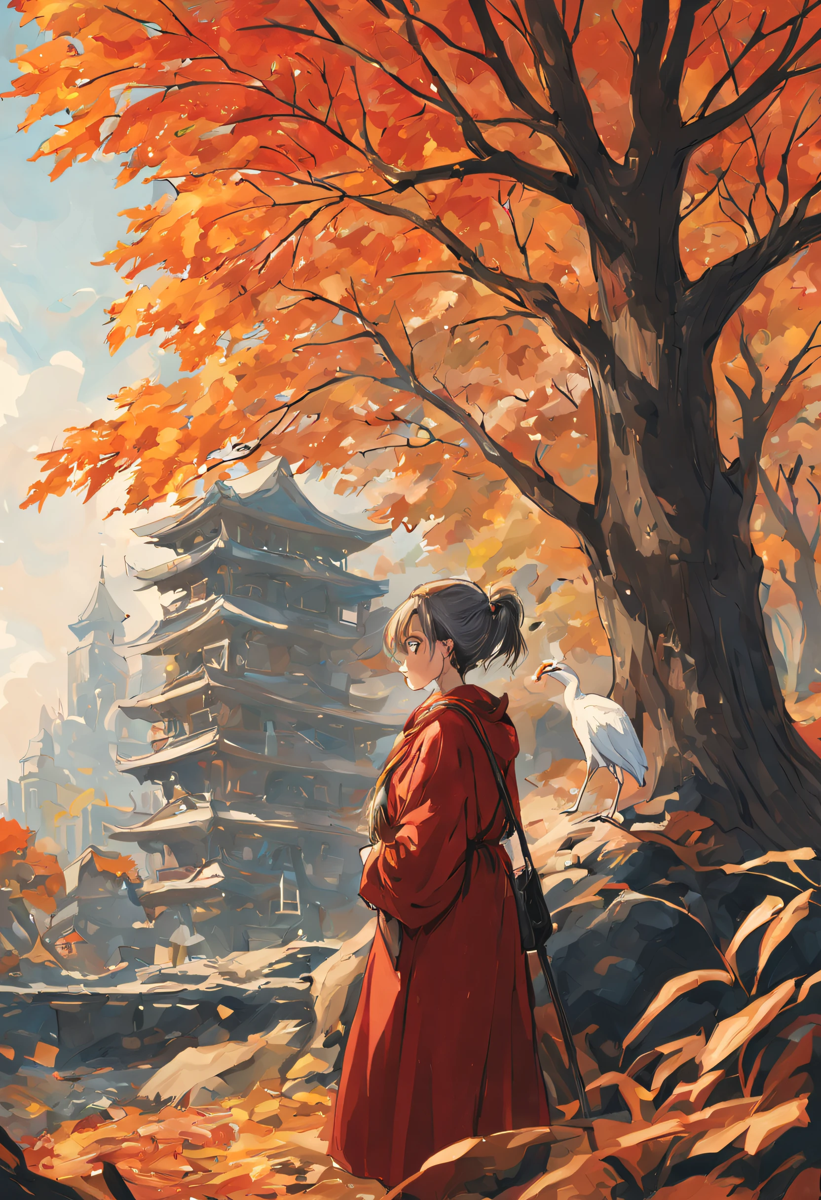 Drawing style: Cranes Cochart, anime drawing. Draw a large plateau with a tree in the middle, drawn in autumn. Behind the tree the city of Asuras was destroyed. Next to the tree is a rock with an engraving on it (more than I like). Girl leaning against a tree. The girl is leaning against the tree with her back. The girl is wearing a red scarf. She is wearing a long, modest dress. Warm color image.