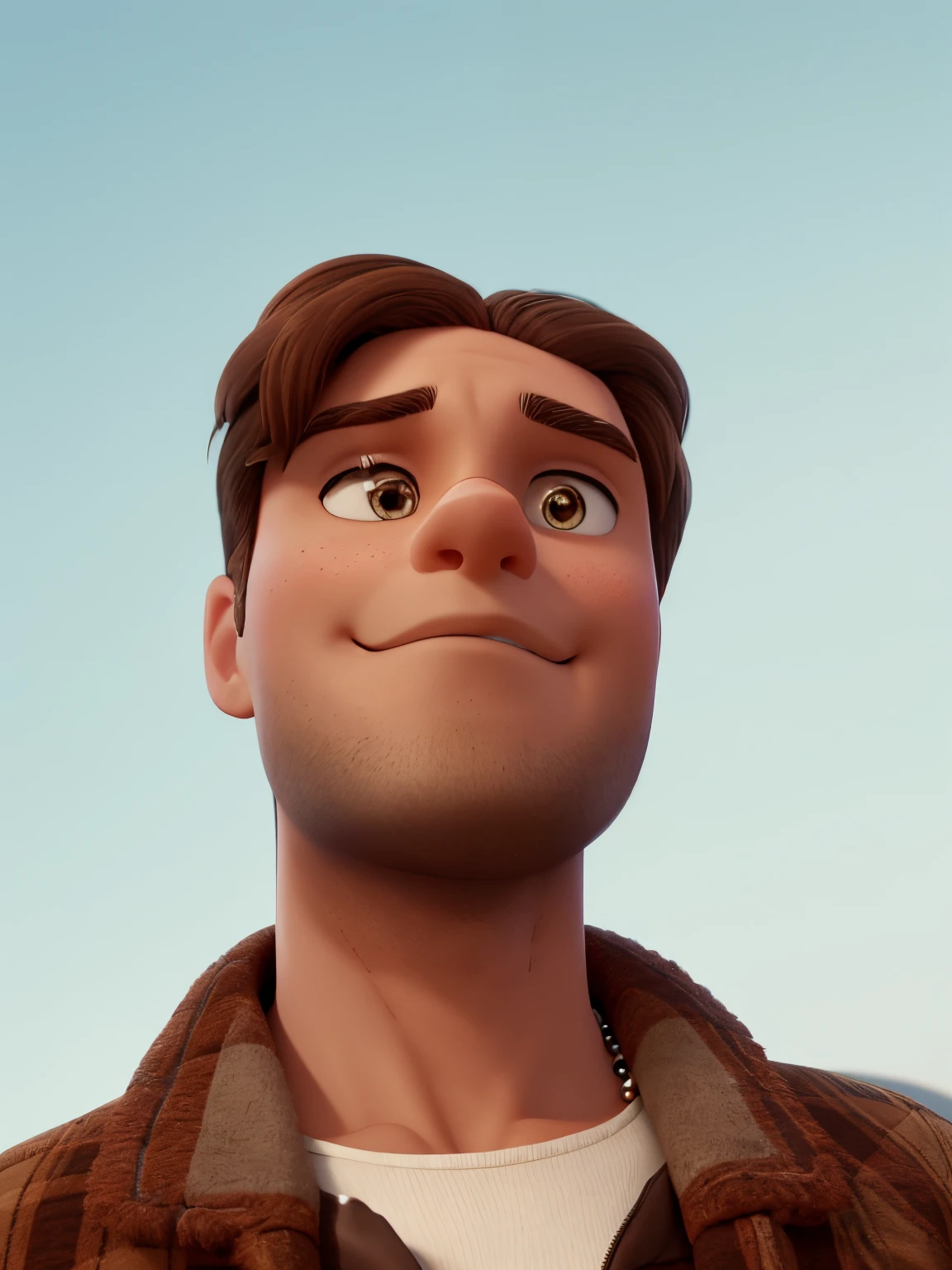 Make a cartoon character of this person. He has brown hair and a middle part style of hair. He has a brown jacket and a pearl necklace. He has a white shirt under the jacket.